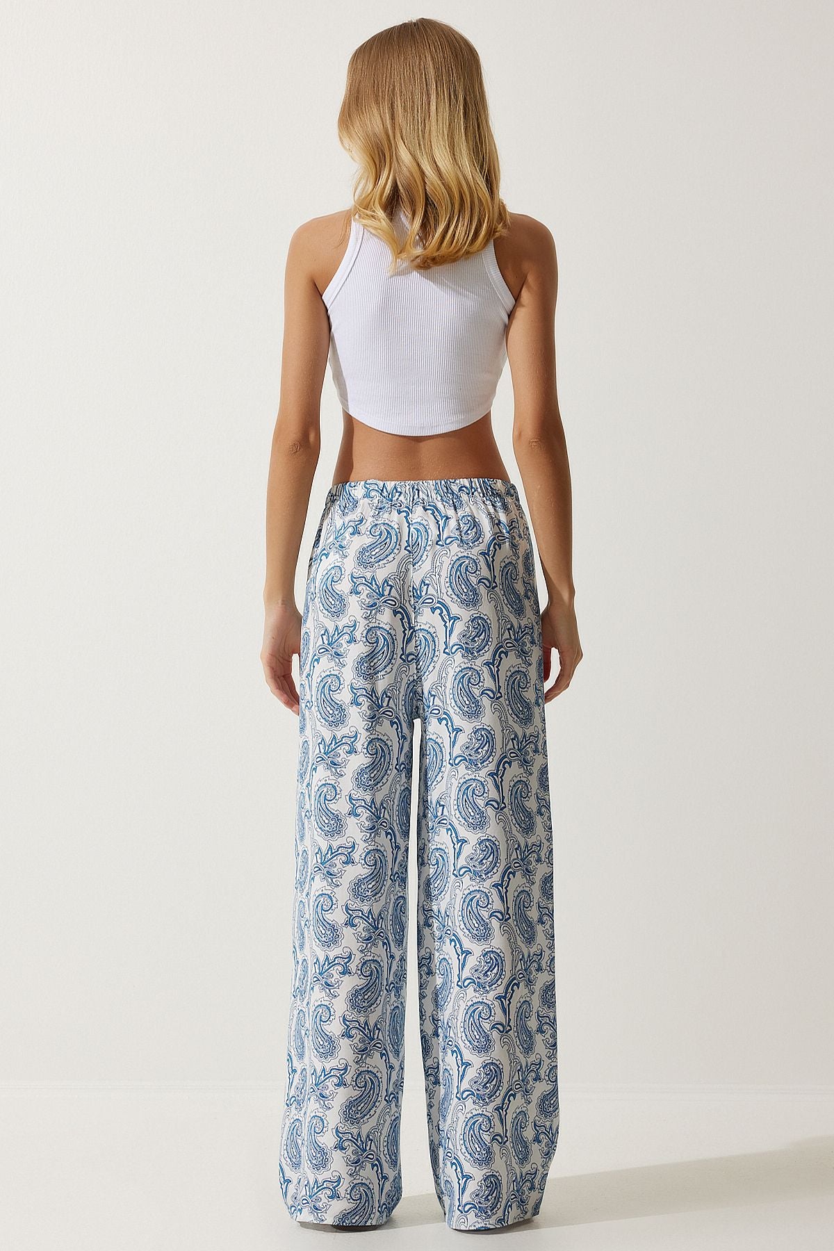 Woman White Light Blue Patterned Raw Linen Palazzo Pants BH00397