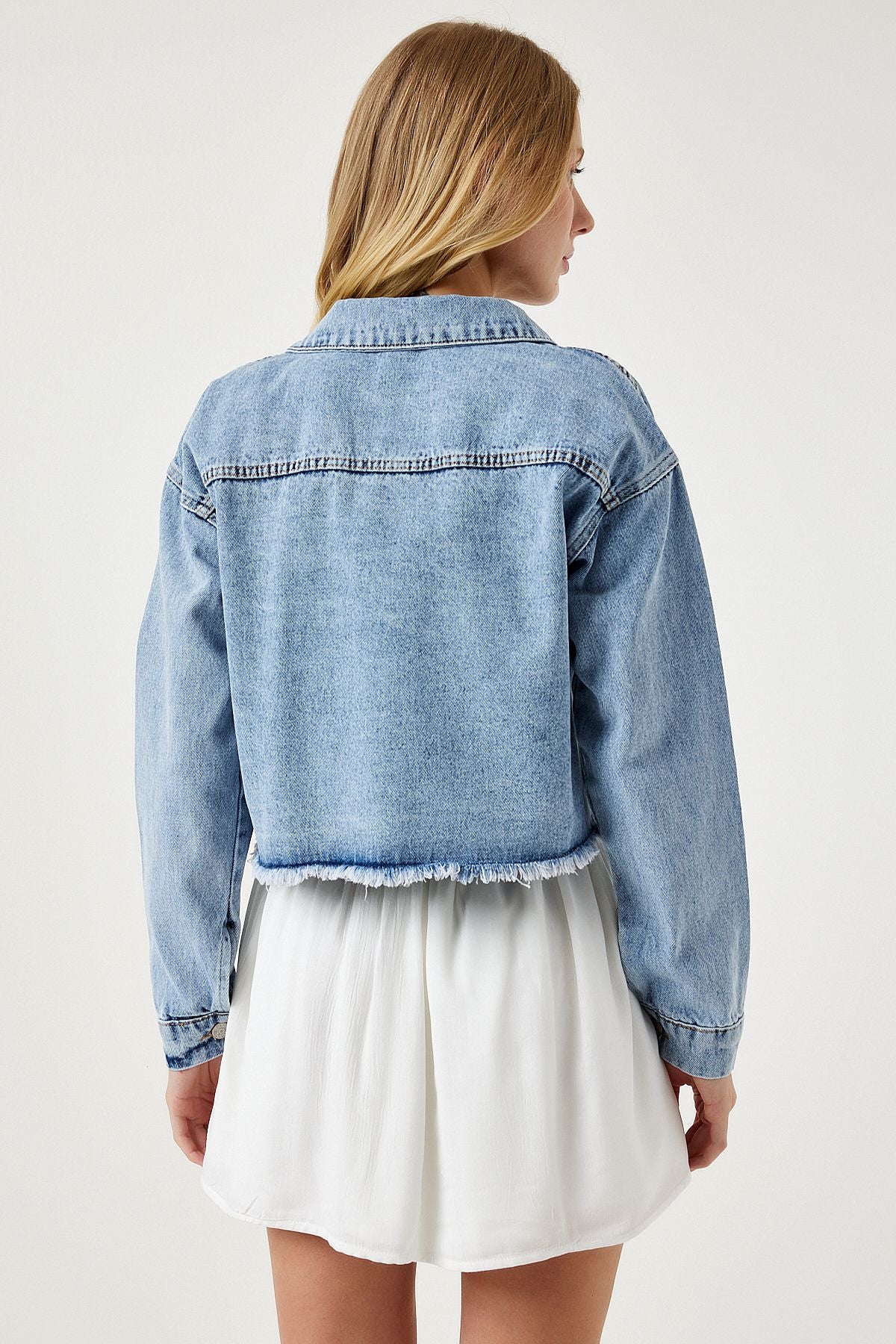 Woman Light Blue Tassel Detailed Denim Crop Jacket RV00159