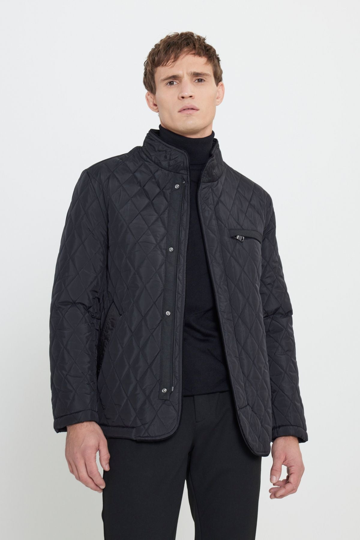 Men's black standard fit normal cut upright collar pattern overcoat