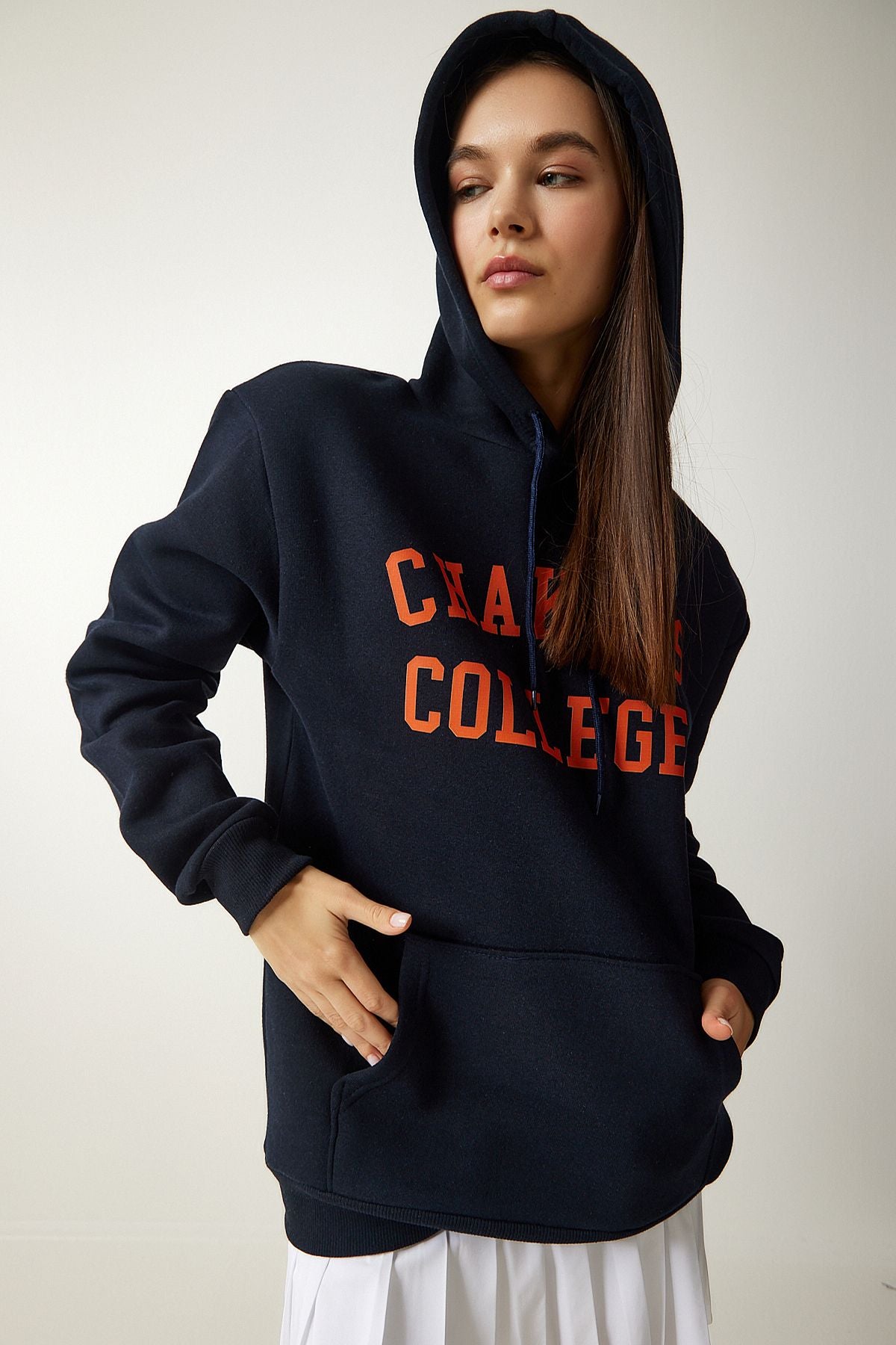 Woman Dark Navy blue printed hooded Sweatshirt OW00012