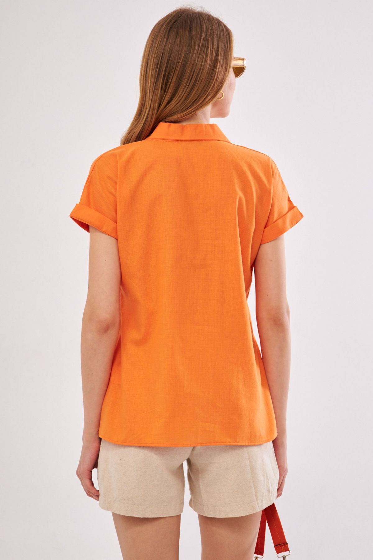 Women's Orange Short Sleeve Linen Shirt ARM-24Y001038