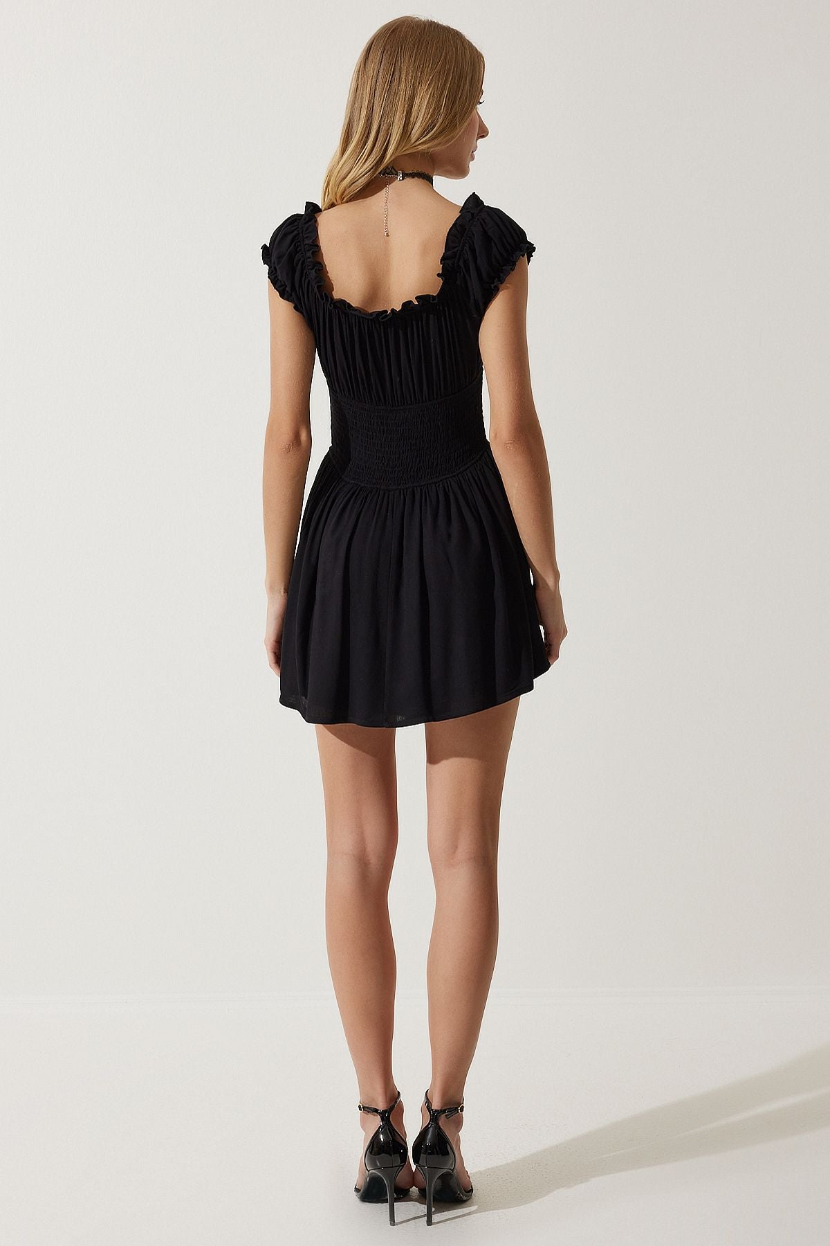 Female black carmen collar mini weaving overalls dress ub00263
