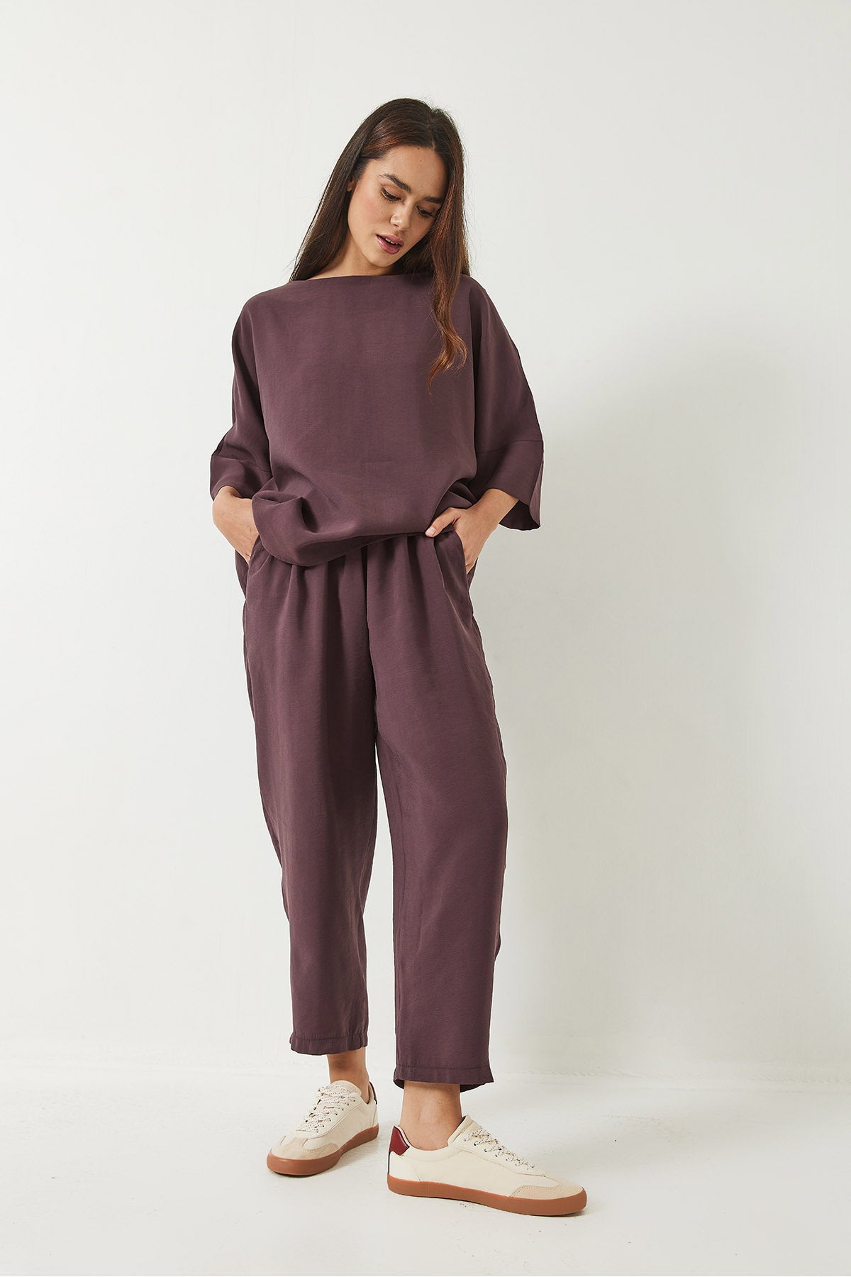 Women's Boat Neck Half Sleeve Blouse Elastic Waist Shalwar Trousers Bottom-Top Set 60283118