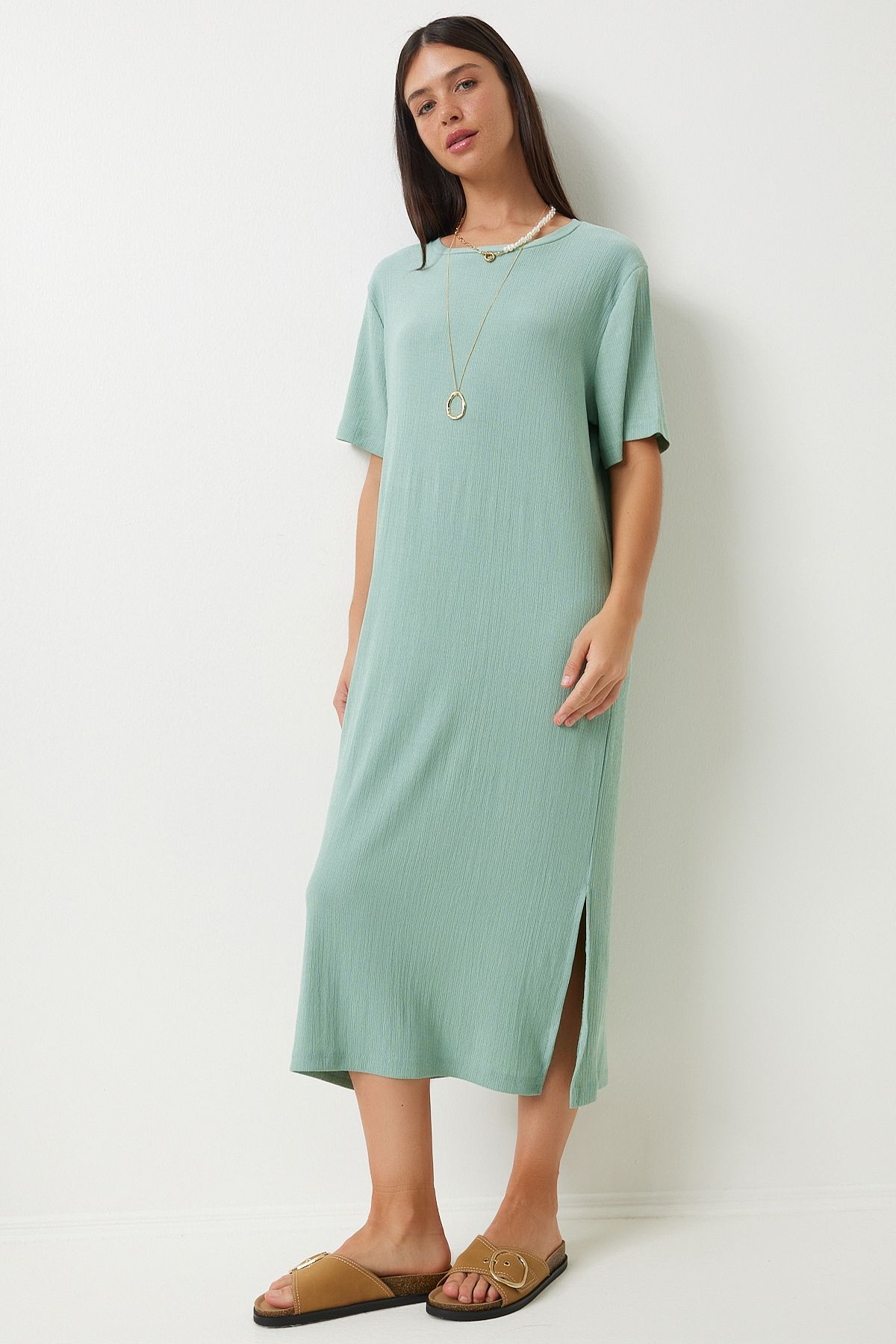 Women's Cagla Green Long Daily Knitting Dress DZ00076