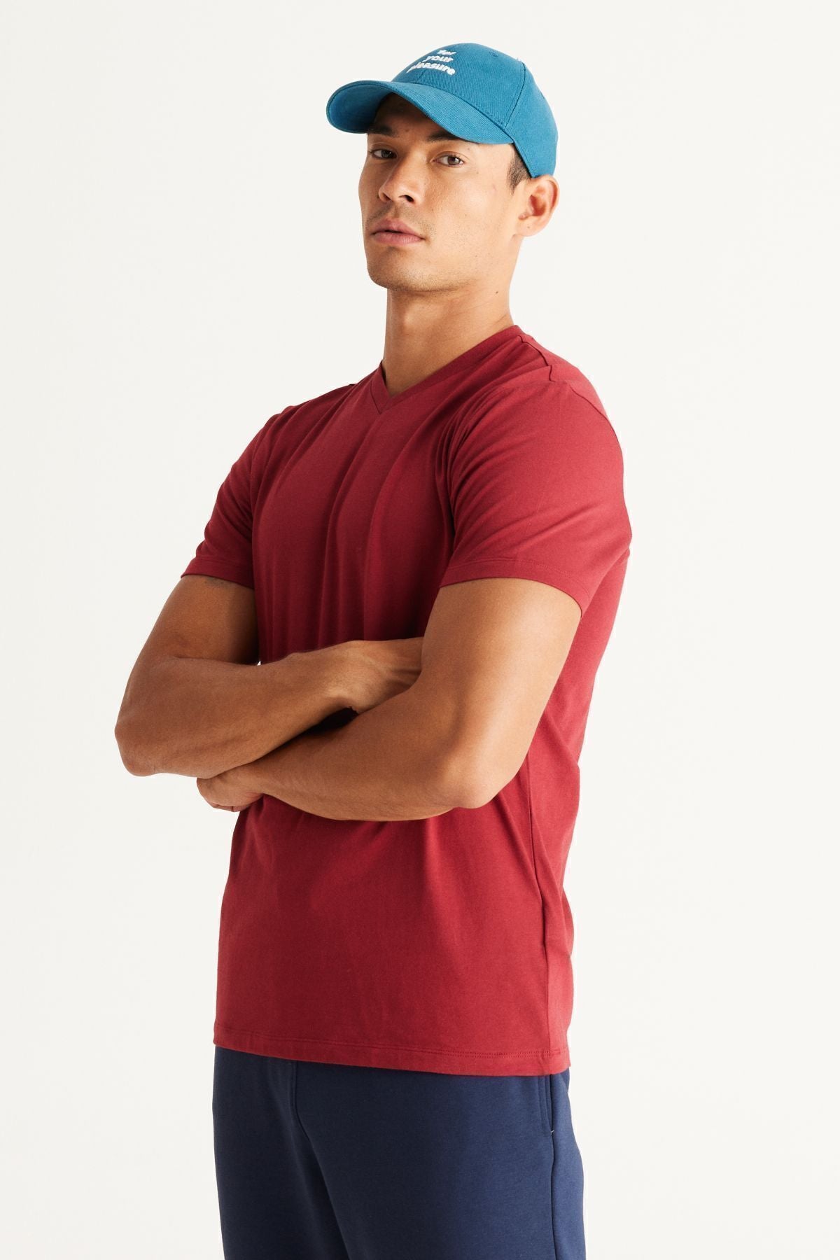 Men's Bordeaux-Lacivert 2 V-neck 100 %cotton slim fit narrow cut Basic T-shirt