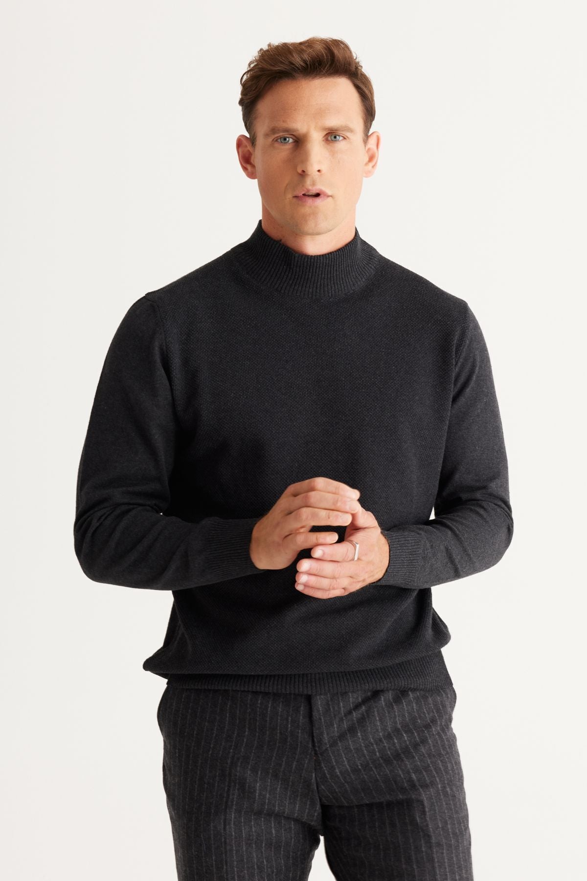 Men's anthracite standard fit normal cut half fisherman collar cotton knitwear sweater