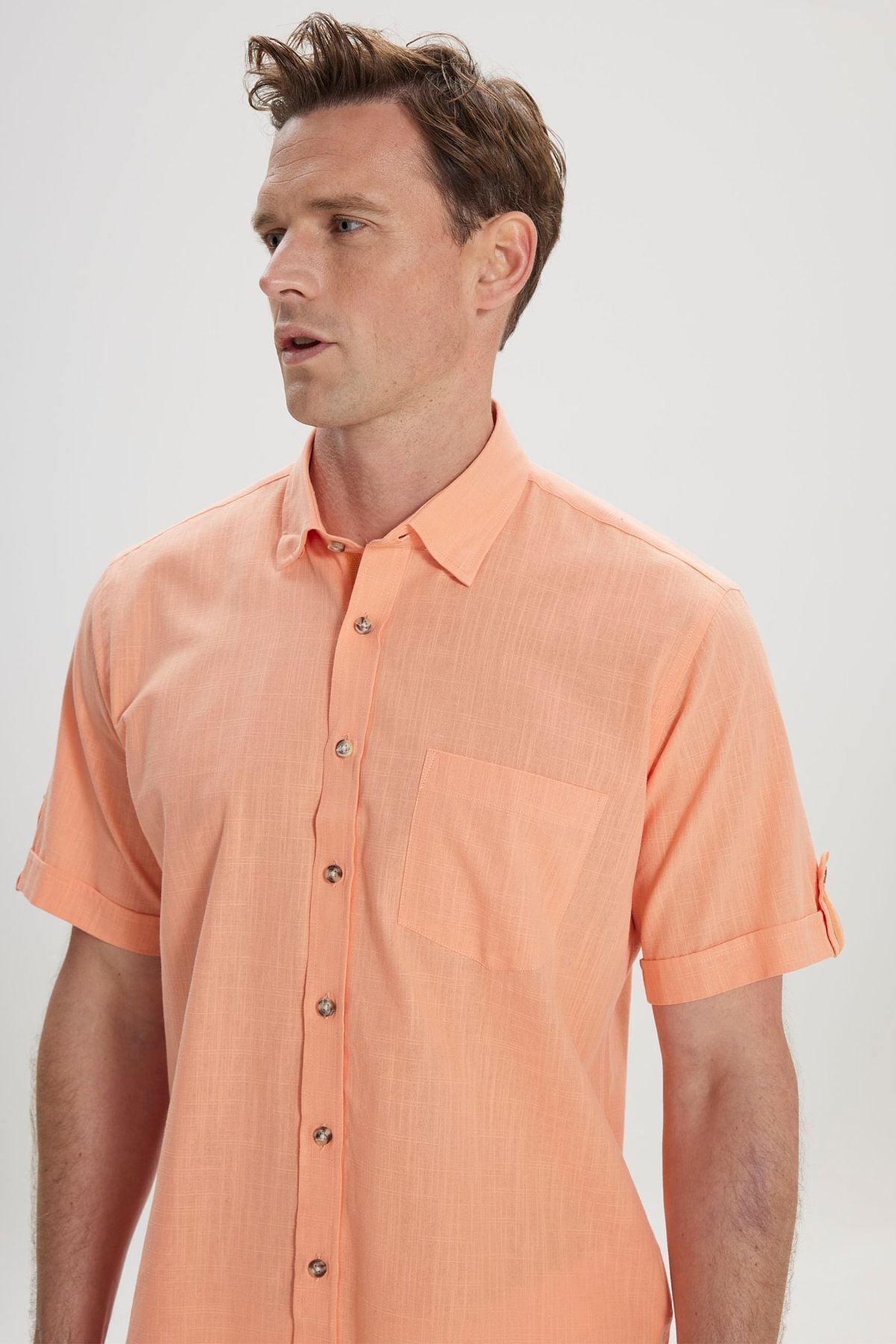 Men's Orange Comfort Fit Casual Cutting Buttoned Neck Linen Looking 100 %Cotton Short Sleeve Shirt