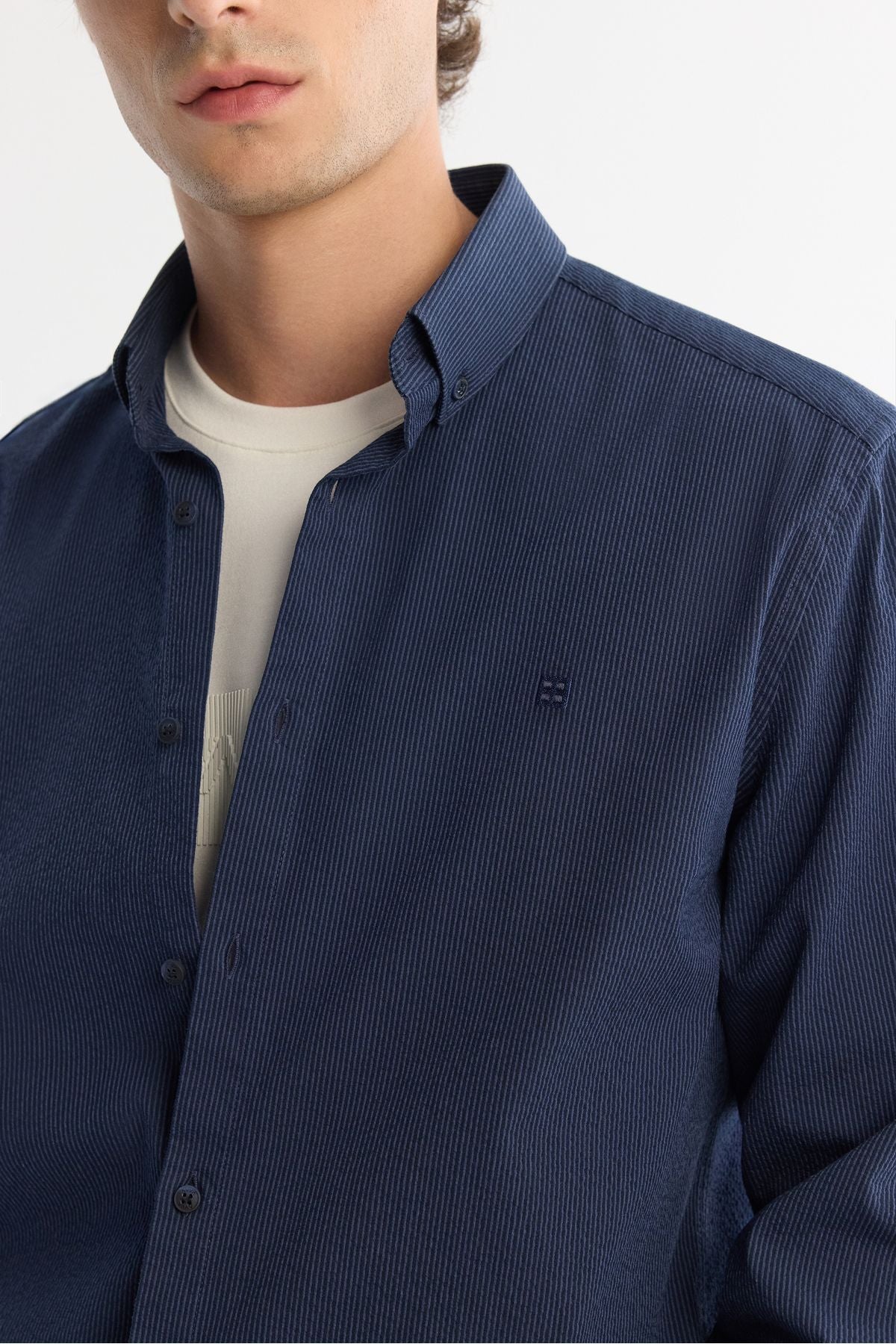 Men's Navy Blue Button Neck Easy ironable striped shirt A42Y2098
