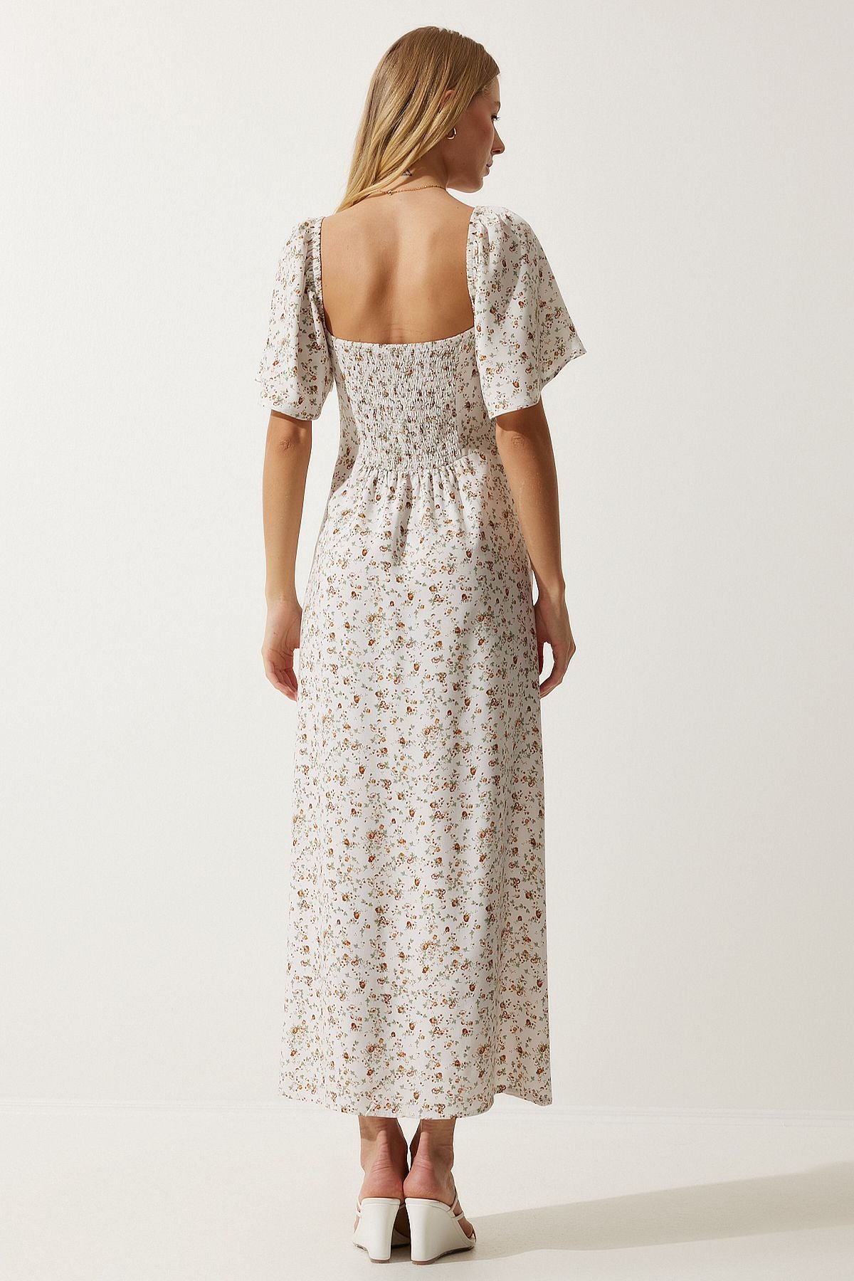 Female ecru slit detailed flywheel viscose dress ub00247