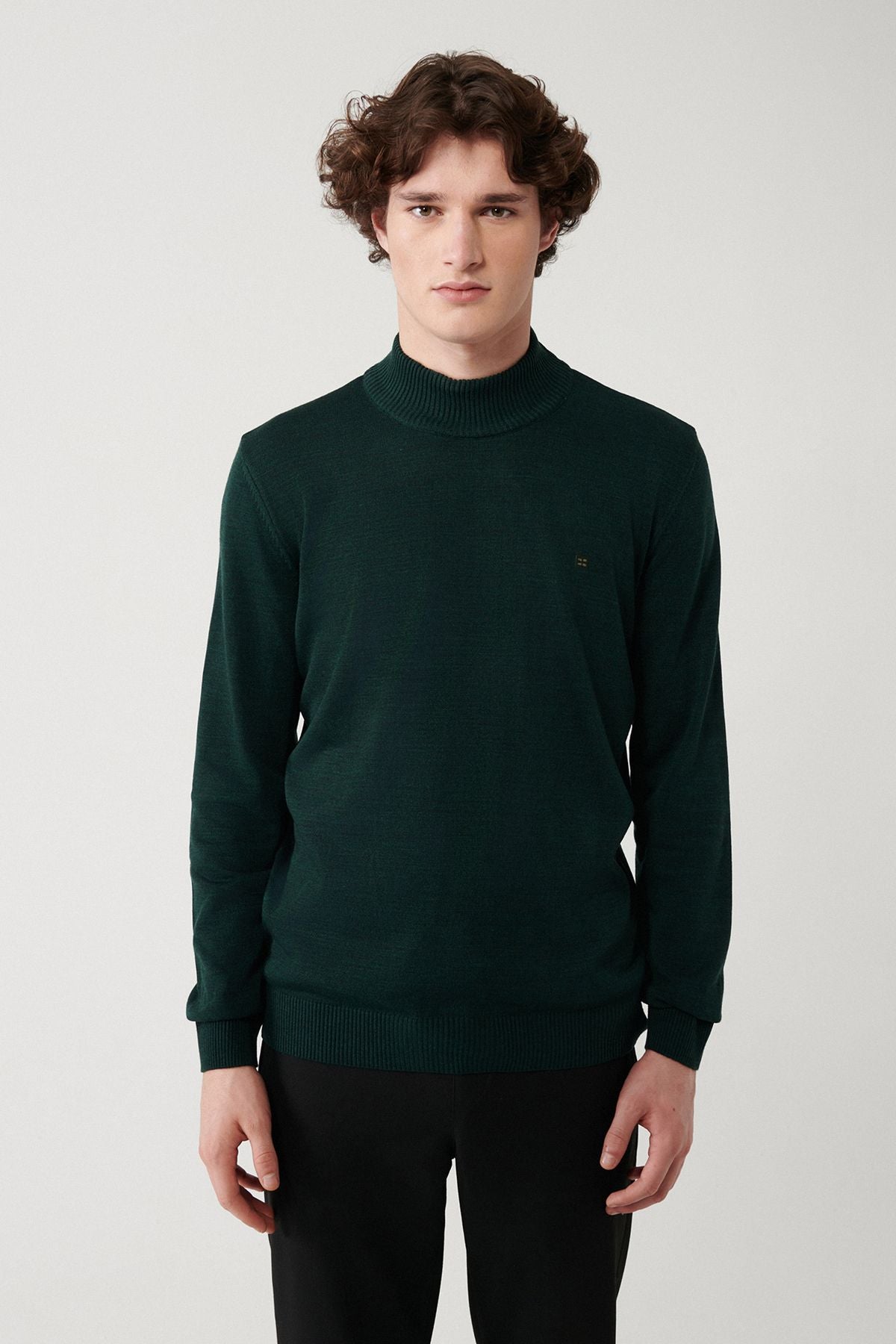 Men's Green Unisex Knitwear Sweater Half Fisherman Collar Flashing Regular Fit E005001