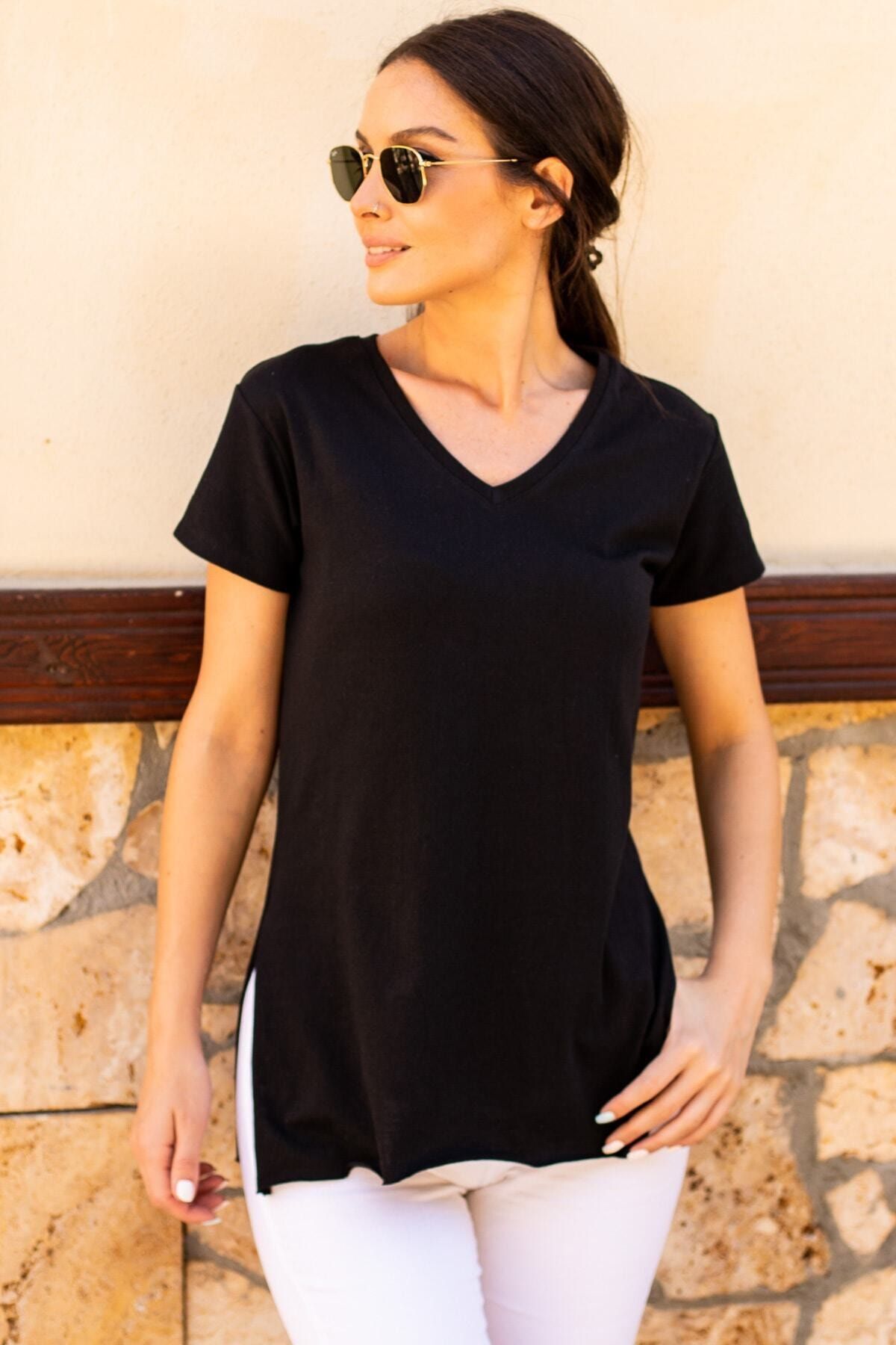 Women's Black V-neck Side Slit T-Shirt ARM-19K012042