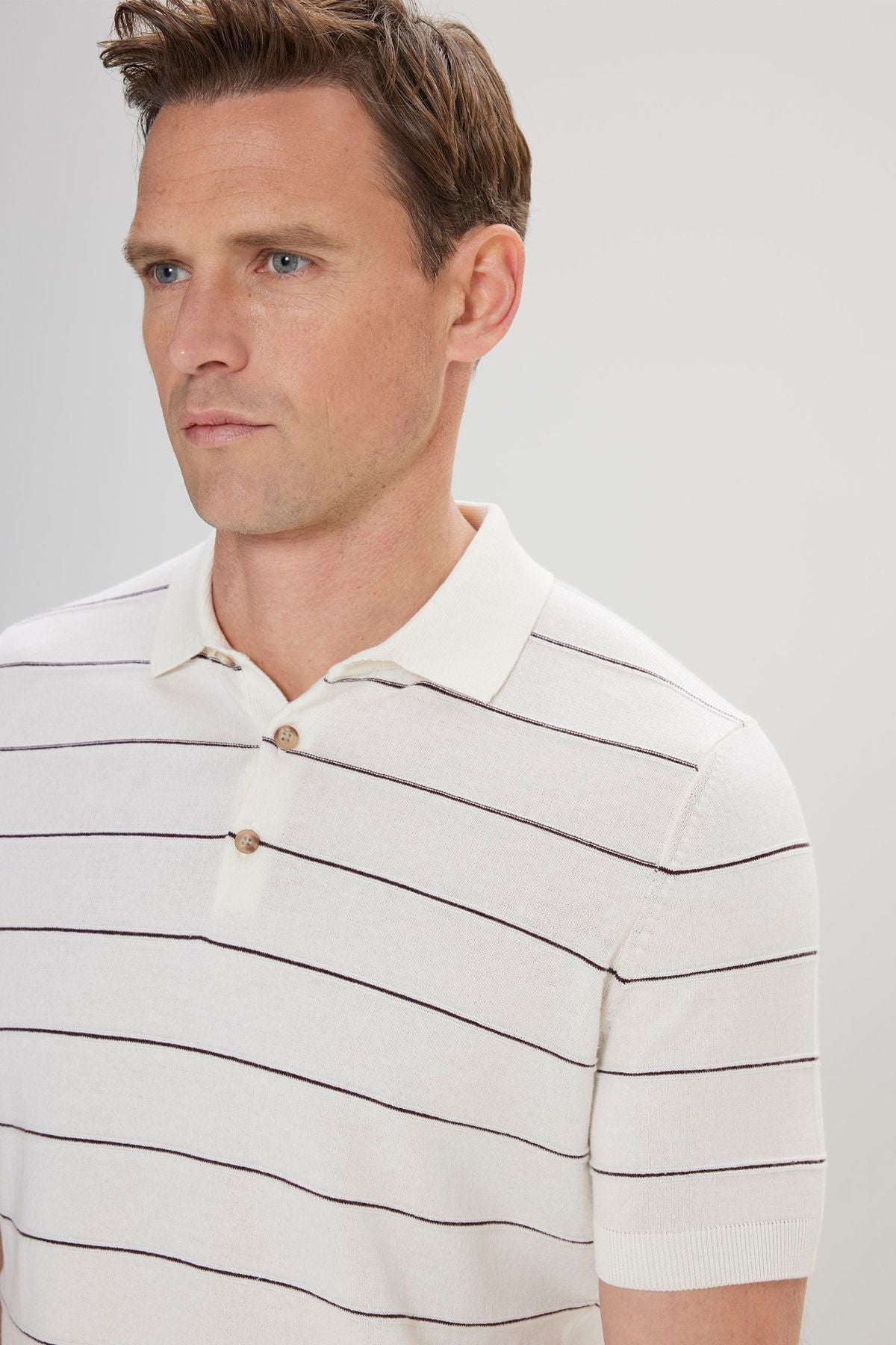 Men's Ecru-Kahve Standard Fit Normal Cutting 100 %Cotton striped Polo Yaka Triko T-shirt