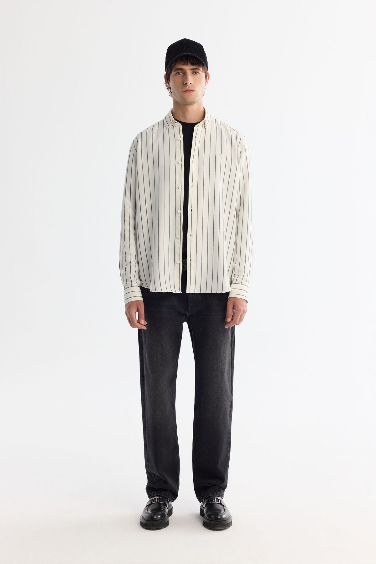 Male White British collar striped rayon shirt A42Y2051