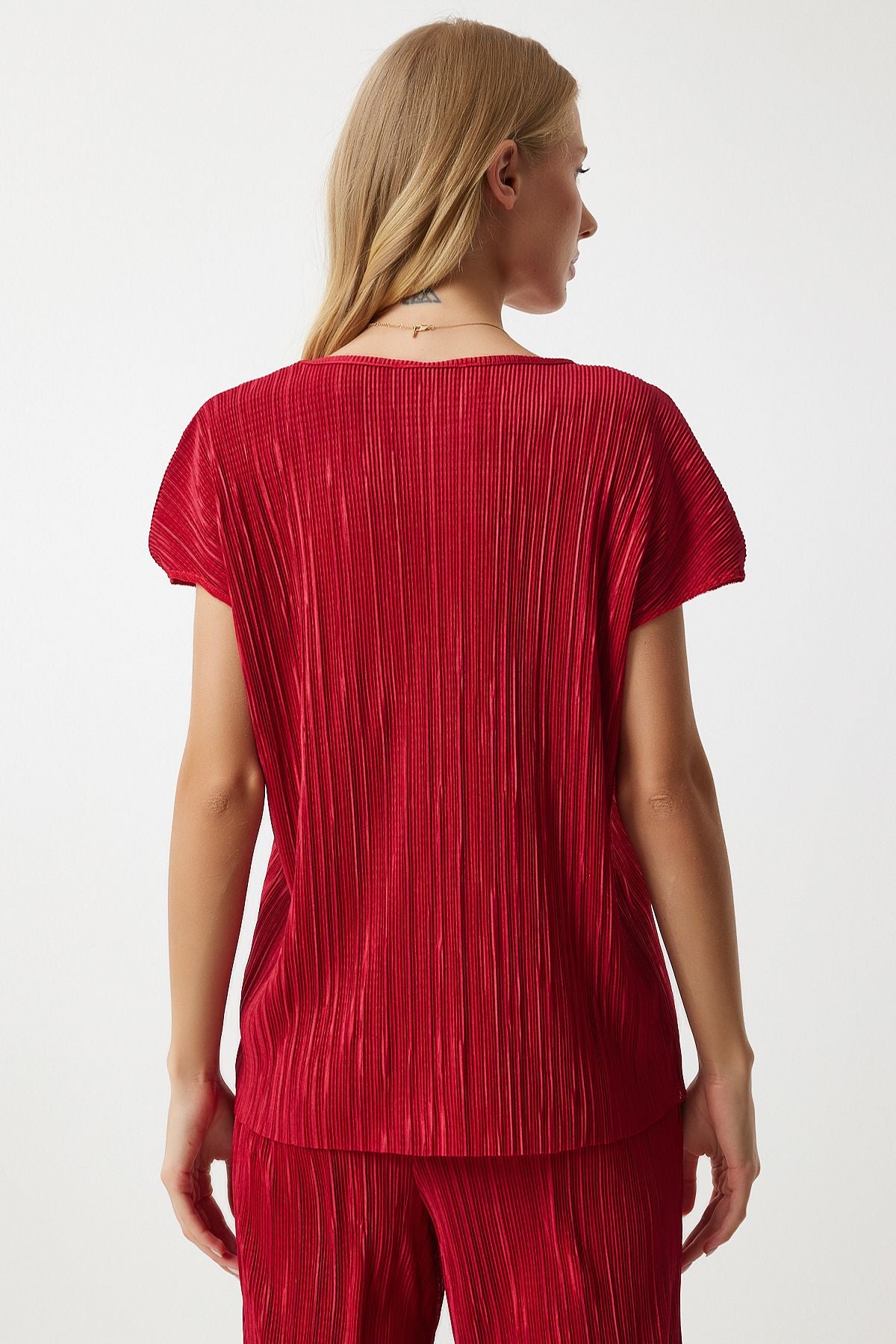 Female Red Pilica Casual Blouse Pants Set Mc00283