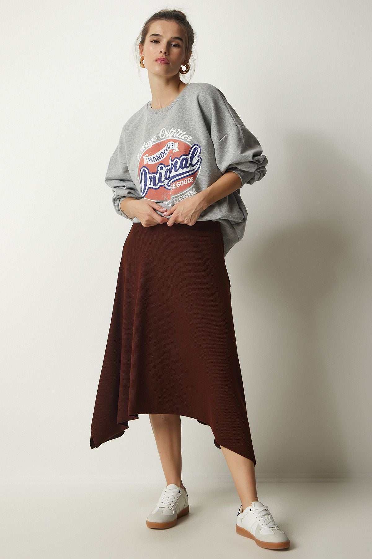 Female brown asymmetrical cut wick knitted skirt MC00227