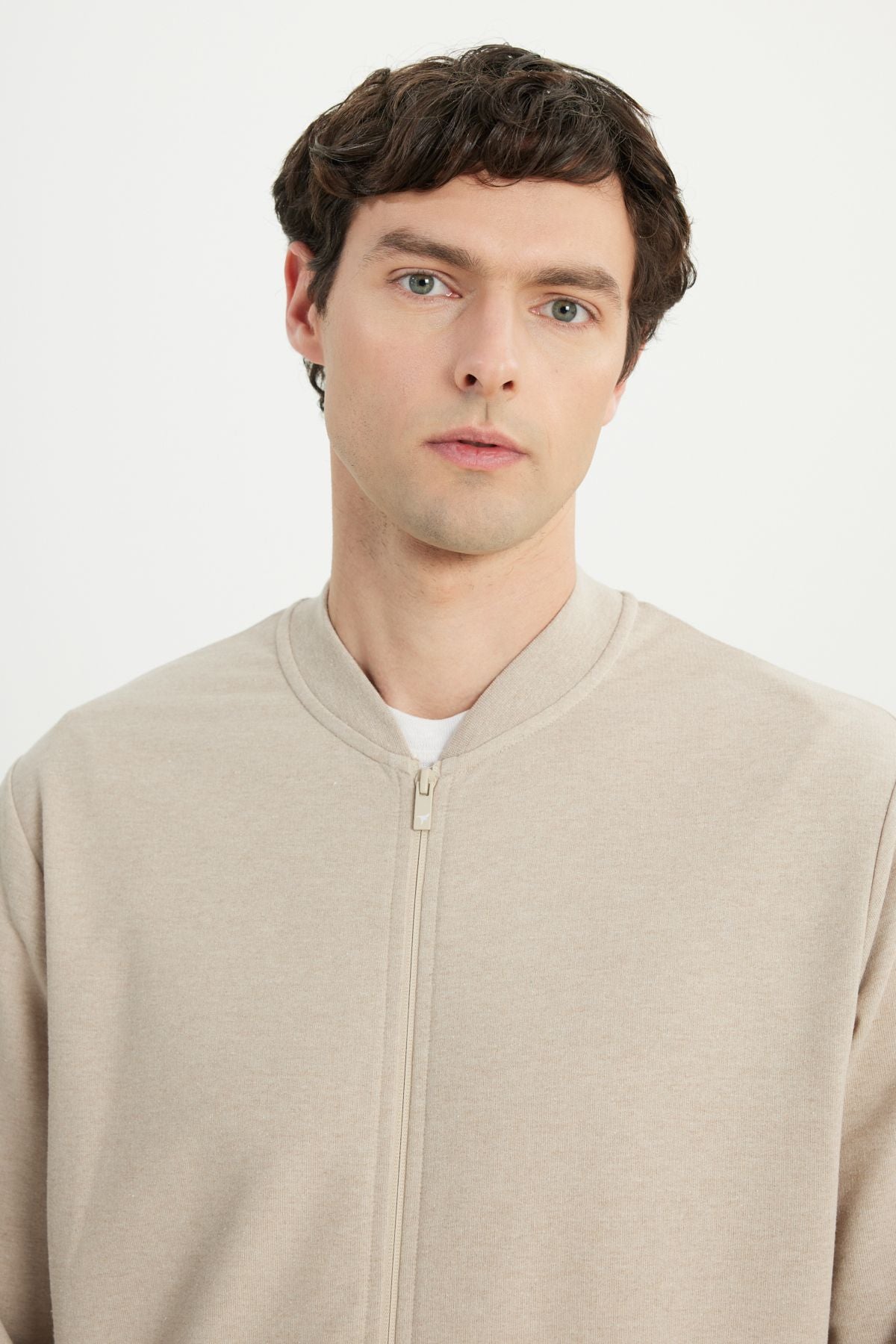 Men's Beige Cotton Standard Fit Normal Cutting College Side Cep Sweatshirt Jacket