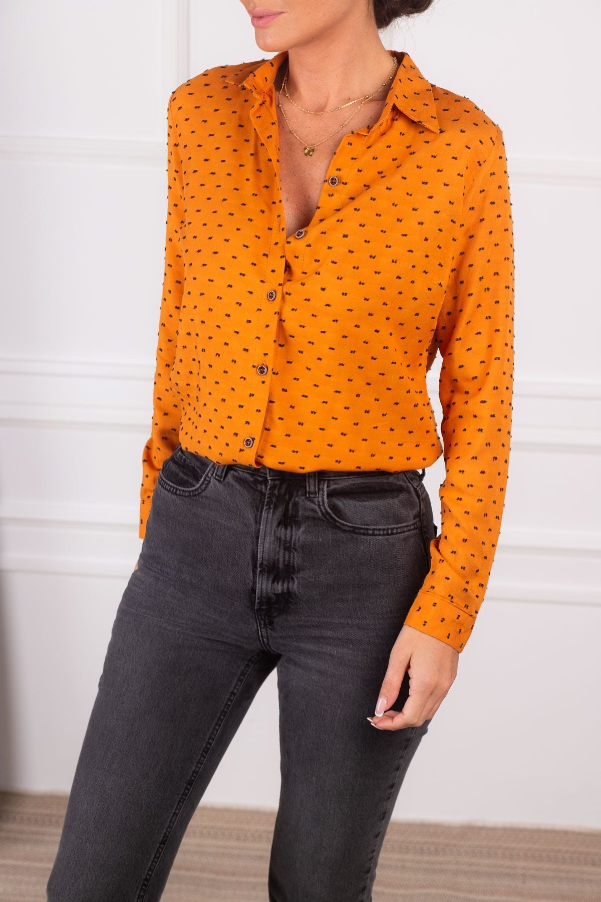 Women's Orange Patterned Long Sleeve Shirt ARM-24K001023