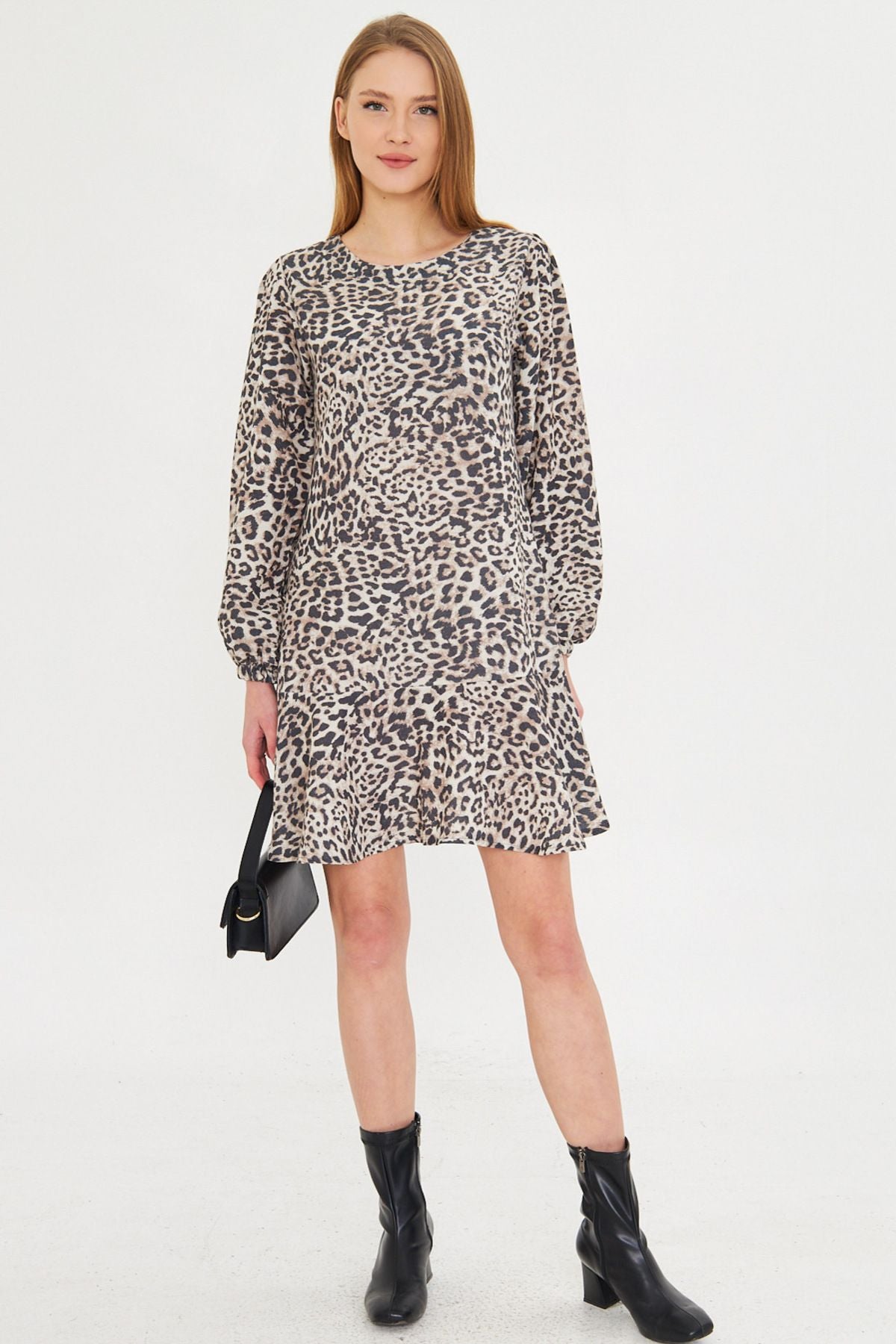 Female beige round collar skirt flywheel arms shirred mini dress ARM-25K001093