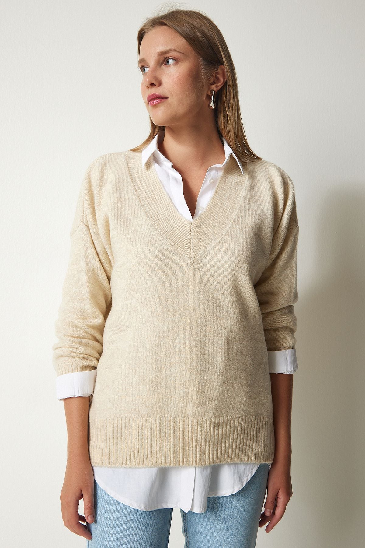 Woman Beige V Yaka Oversize Knitwear Kazakh BV00003