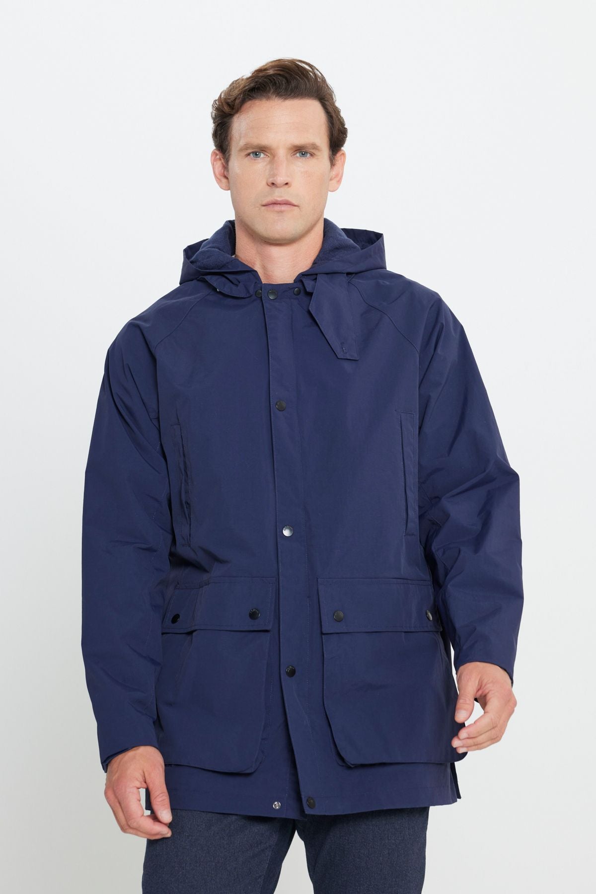 Men's navy blue hooded upright collar standard Fit Hot Hot Windproof Coat