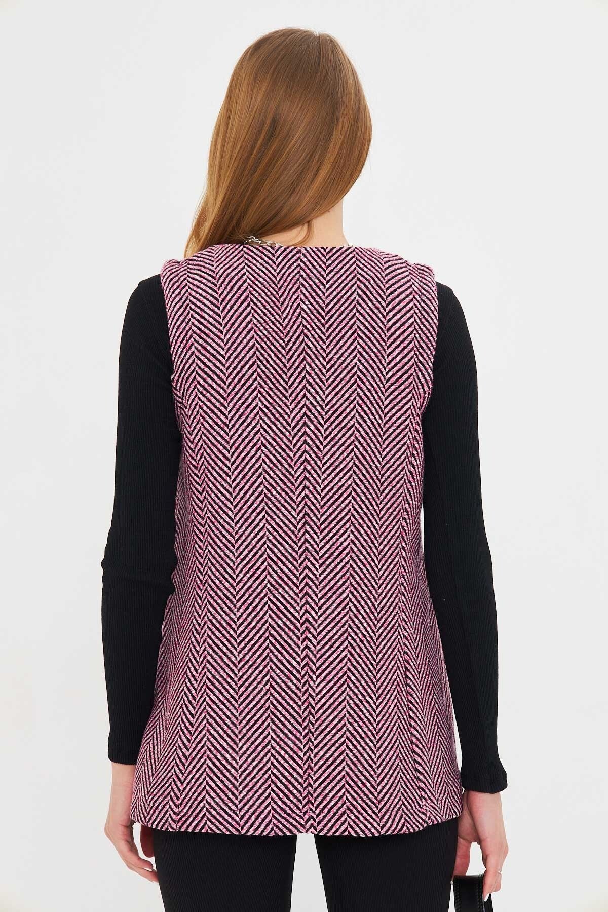 Woman Pink V-Neck Single Button Oversize Patterned Vest ARM-25K001110
