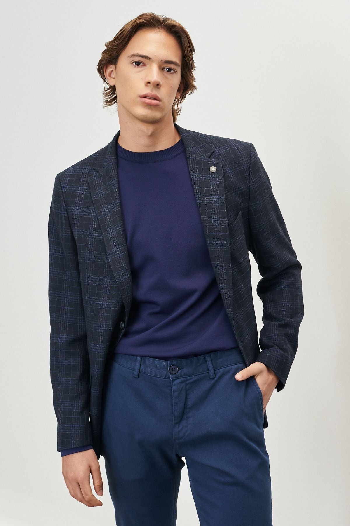 Men's navy blue slim fit narrow cutting mono collar plaid patterned blazer jacket
