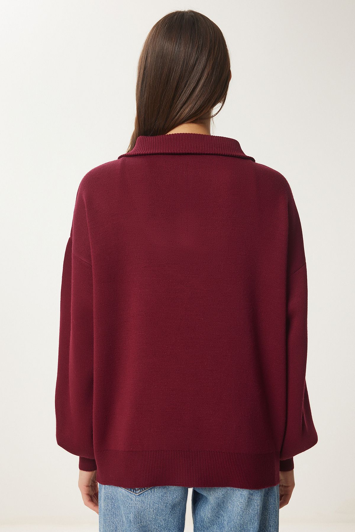 Female Bordeaux Zippered Neck Basic Knitwear Kazakh PF00007
