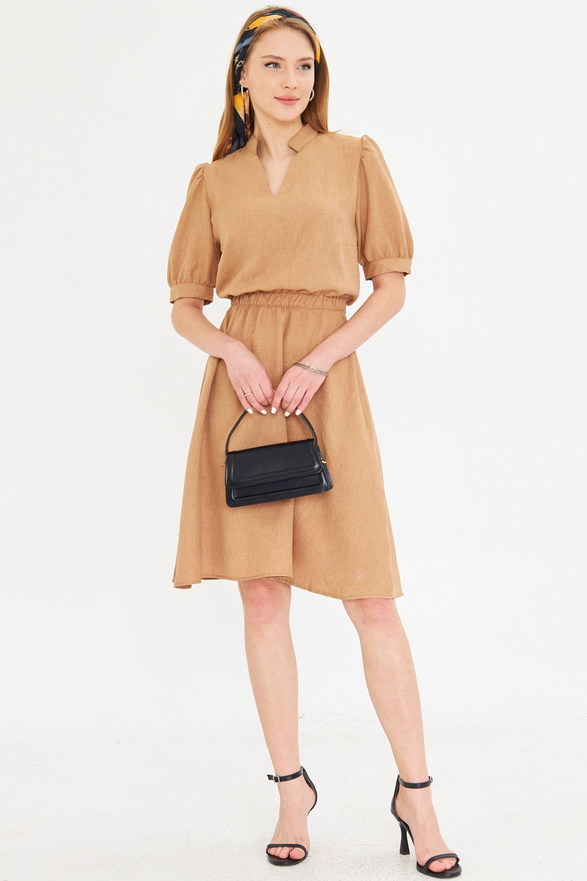 WOMEN CAMEL V-YAKA WAST WAST RAST SHORT SOLD KLOŞ DRESS ARM-25Y001001