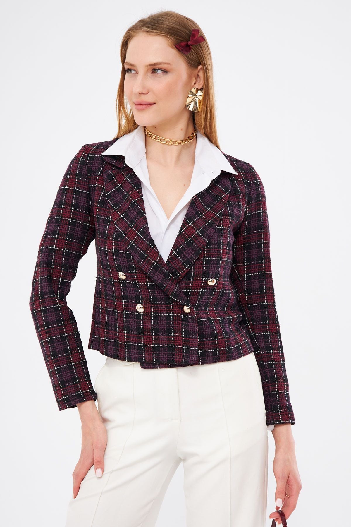 WOMEN'S PUBASTRY CREMAZE YAKA TÜVİT CROP JACKET