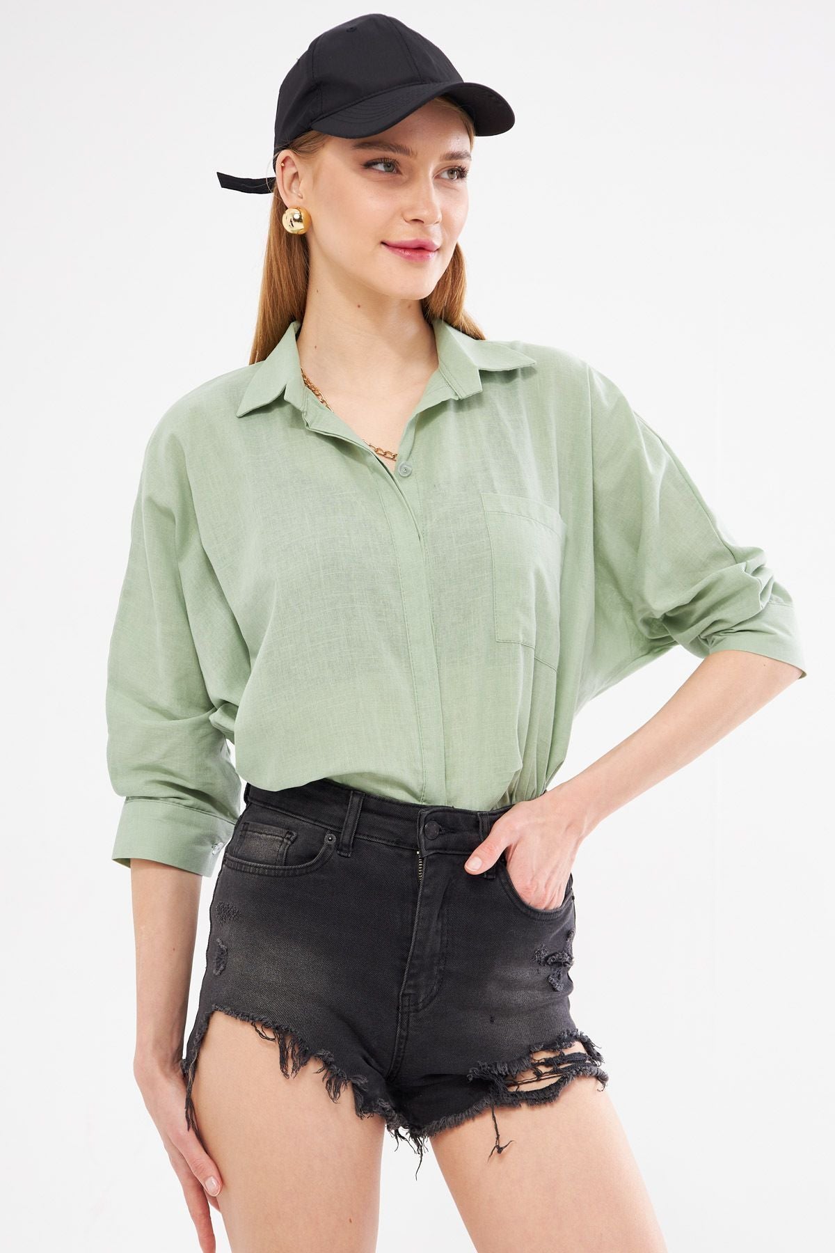 Women's Cagla Green Pockets Shabby Linen Shirt ARM-21Y001035