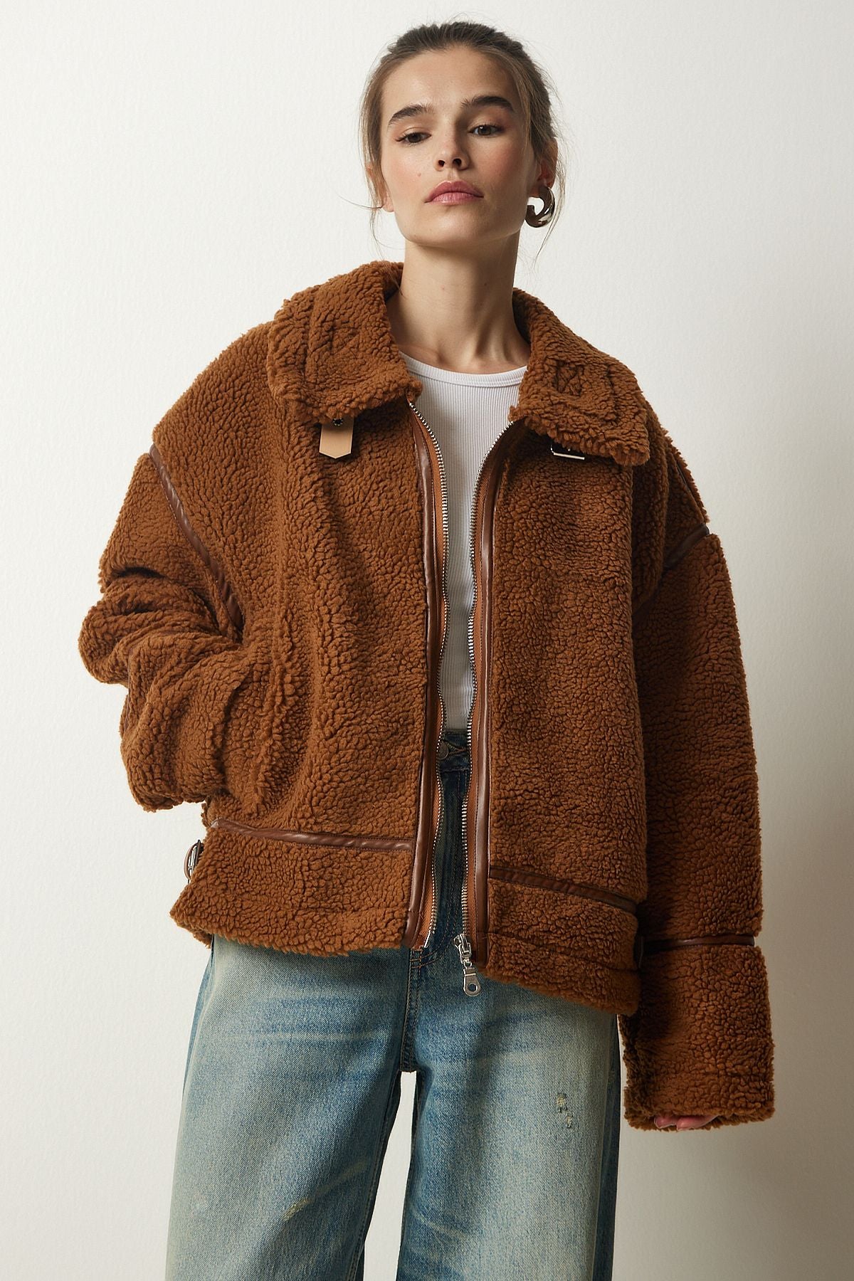 Female Brown Artificial Fur Biker Jacket FN03153