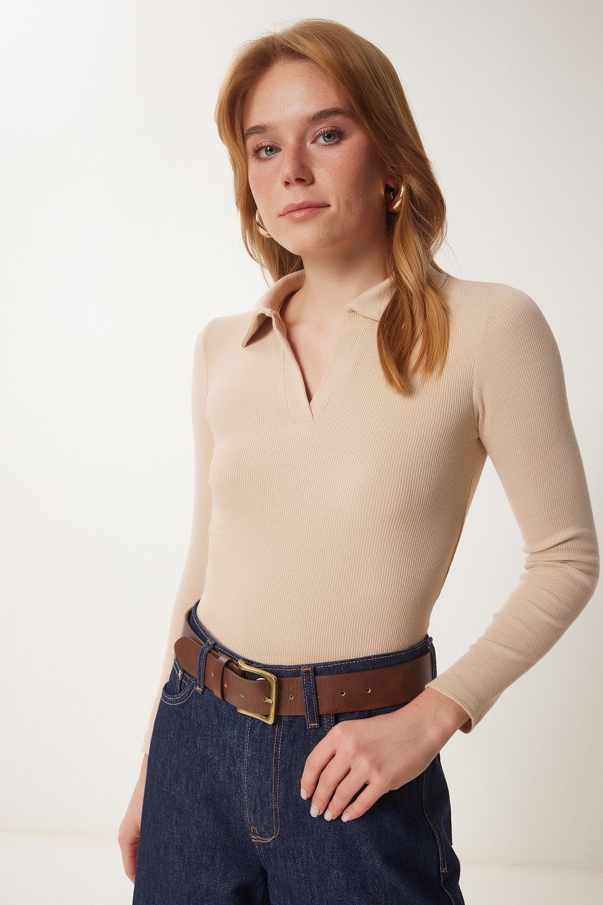 Women's cream polo collar wick knitted blouse GT001111
