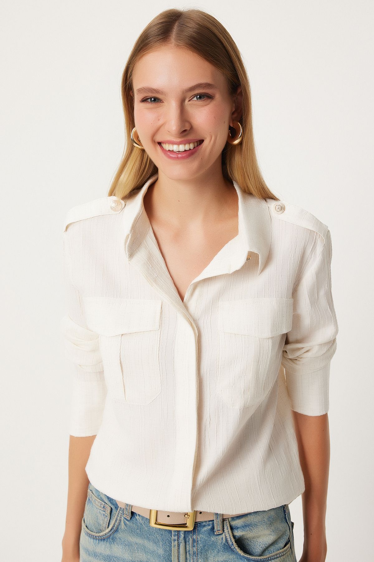 Women's Cream Stylish button detailed shirt FN03267