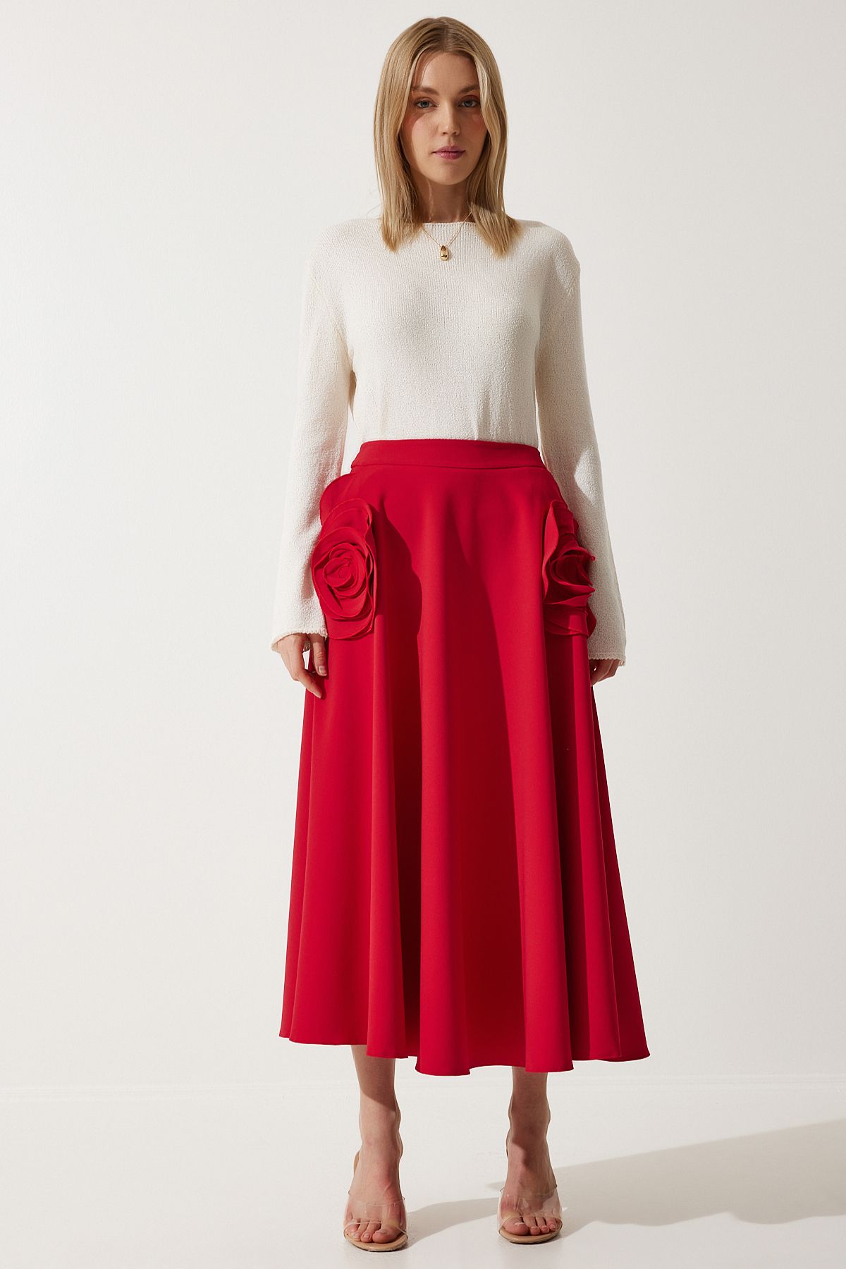 Female Red Rose Accessory Design Premium Midi Skirt FK00007