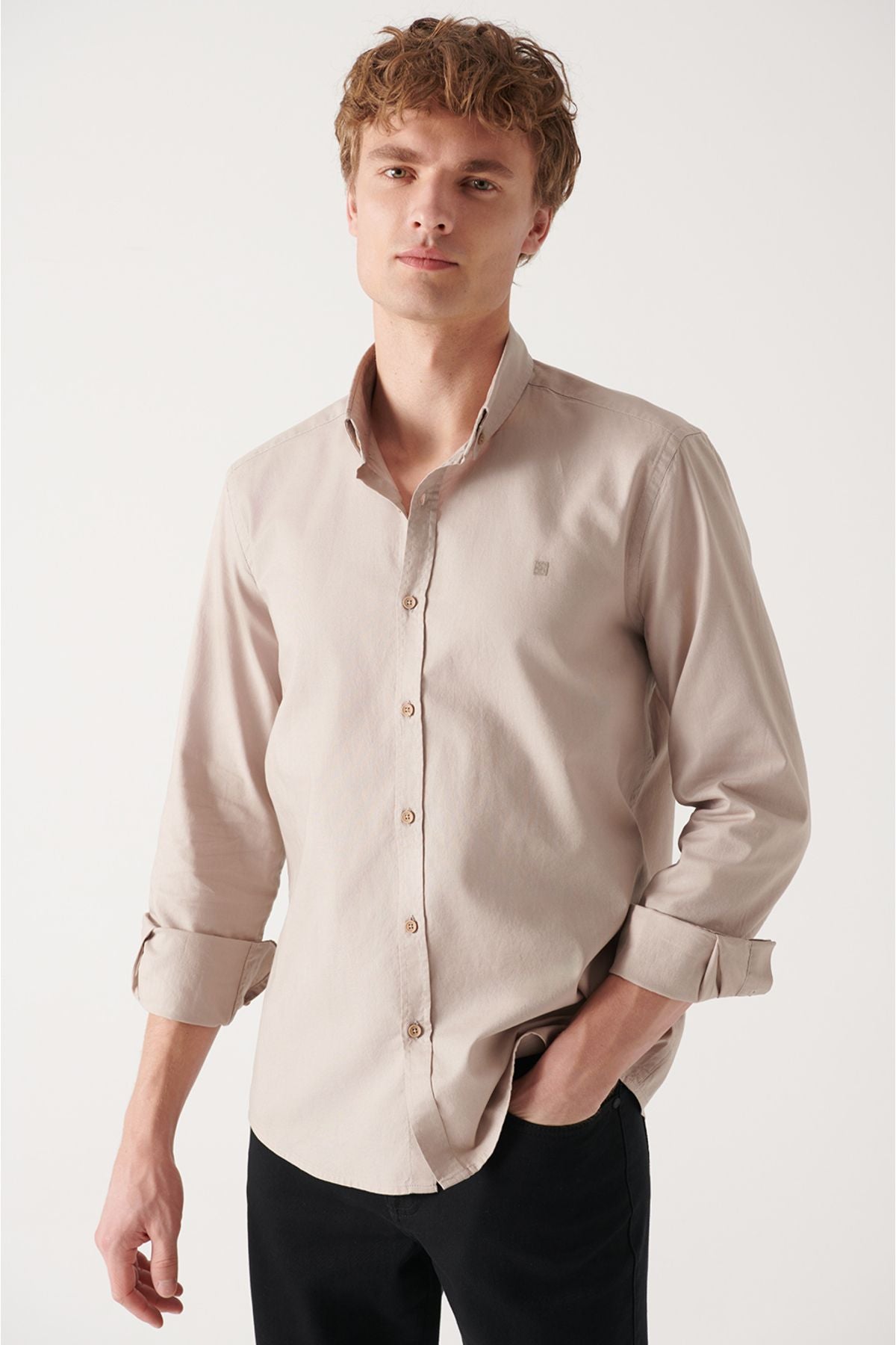 Men's Beige Oxford 100 %Cotton button collar shirt B002003