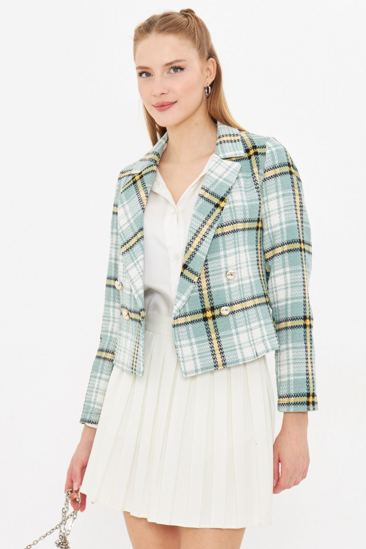 Female Green-Yally Cruve Collar Tüvit Crop Jacket ARM-24K001014