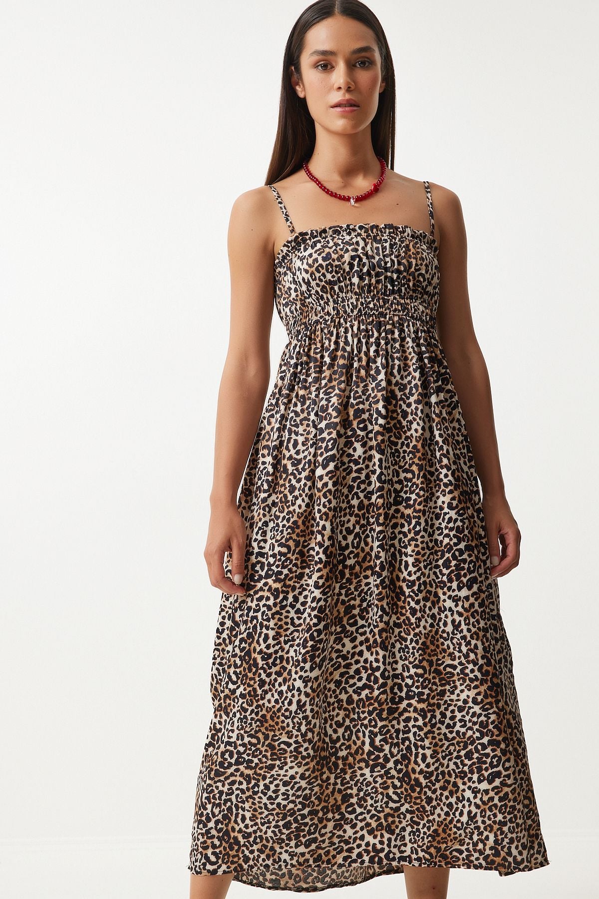 Female Black Beige Leopard Patterned Viscose Dress UB00287