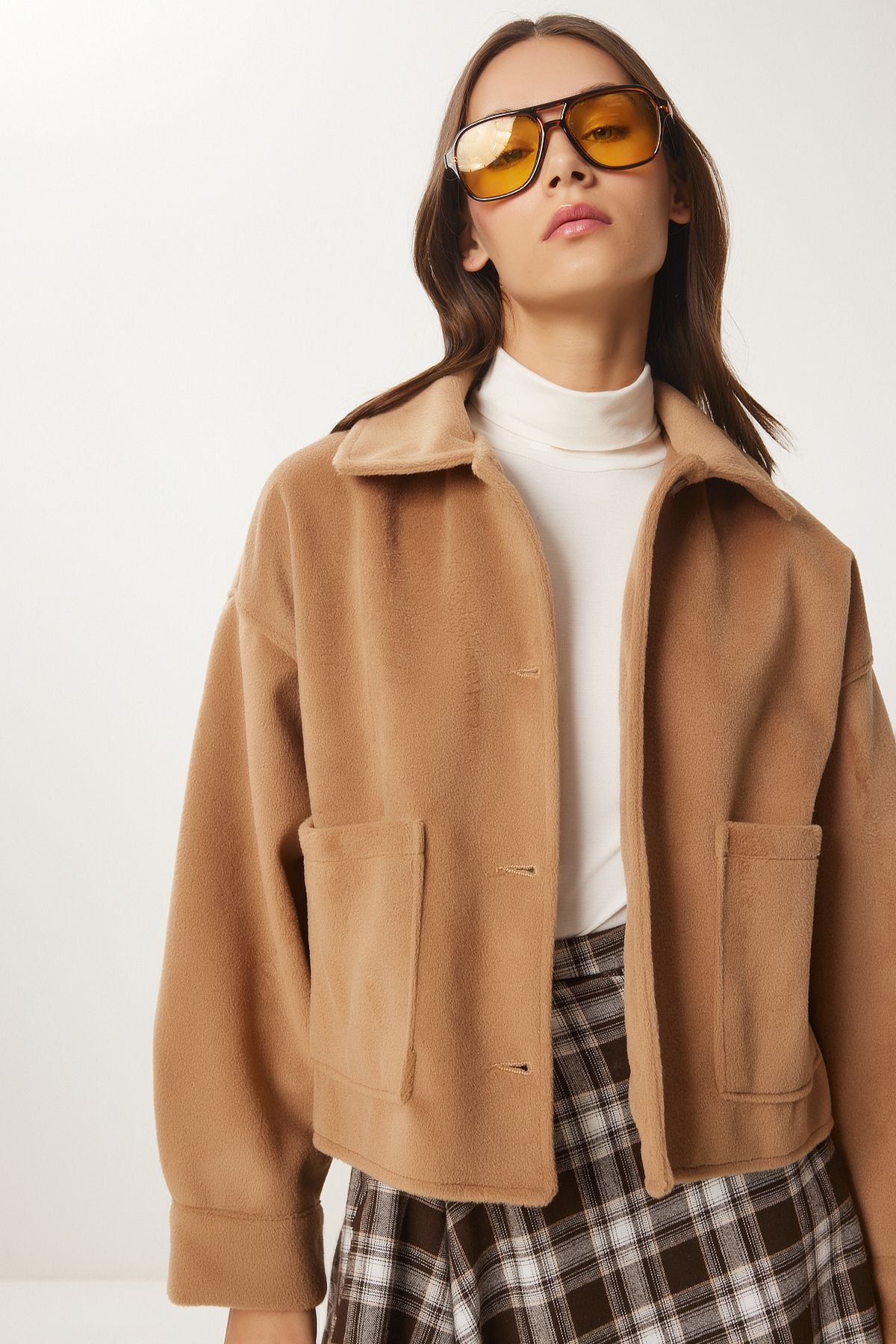 Female Camel Wide Pocket Soft Stamp Jacket FN03445