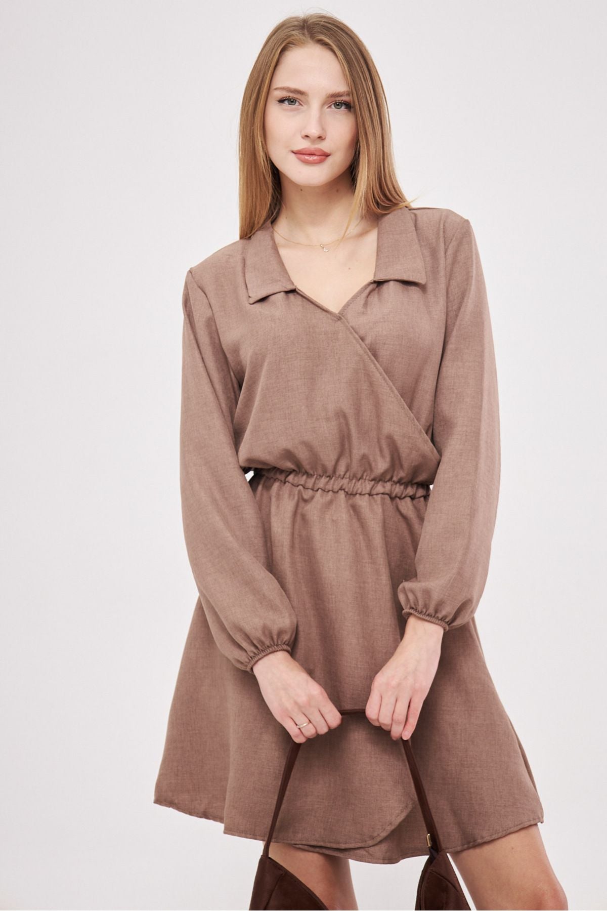 Female mink shirt collar cruishe waist and arm rubber dress with rubber dress ARM-25K001047