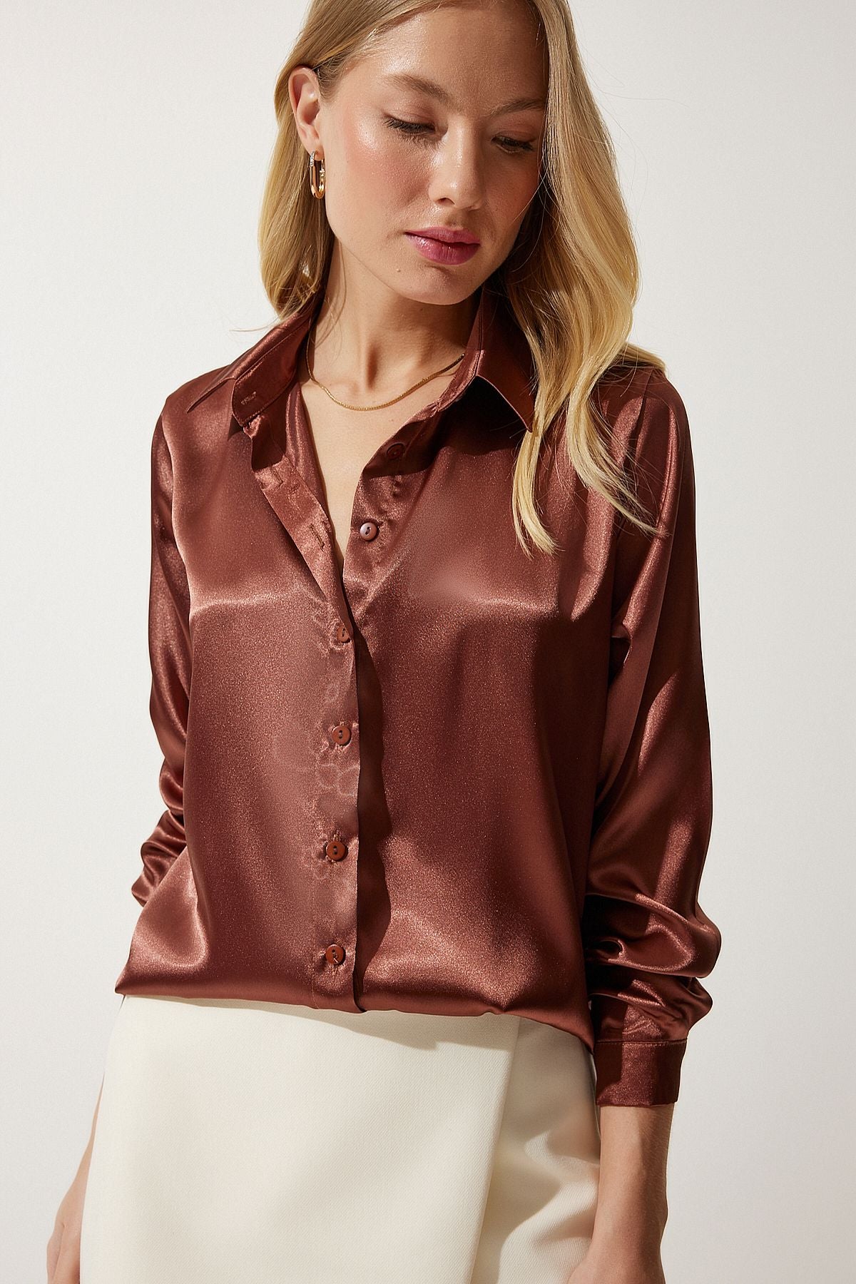 Female brown lightly draped satin surface shirt DD00990