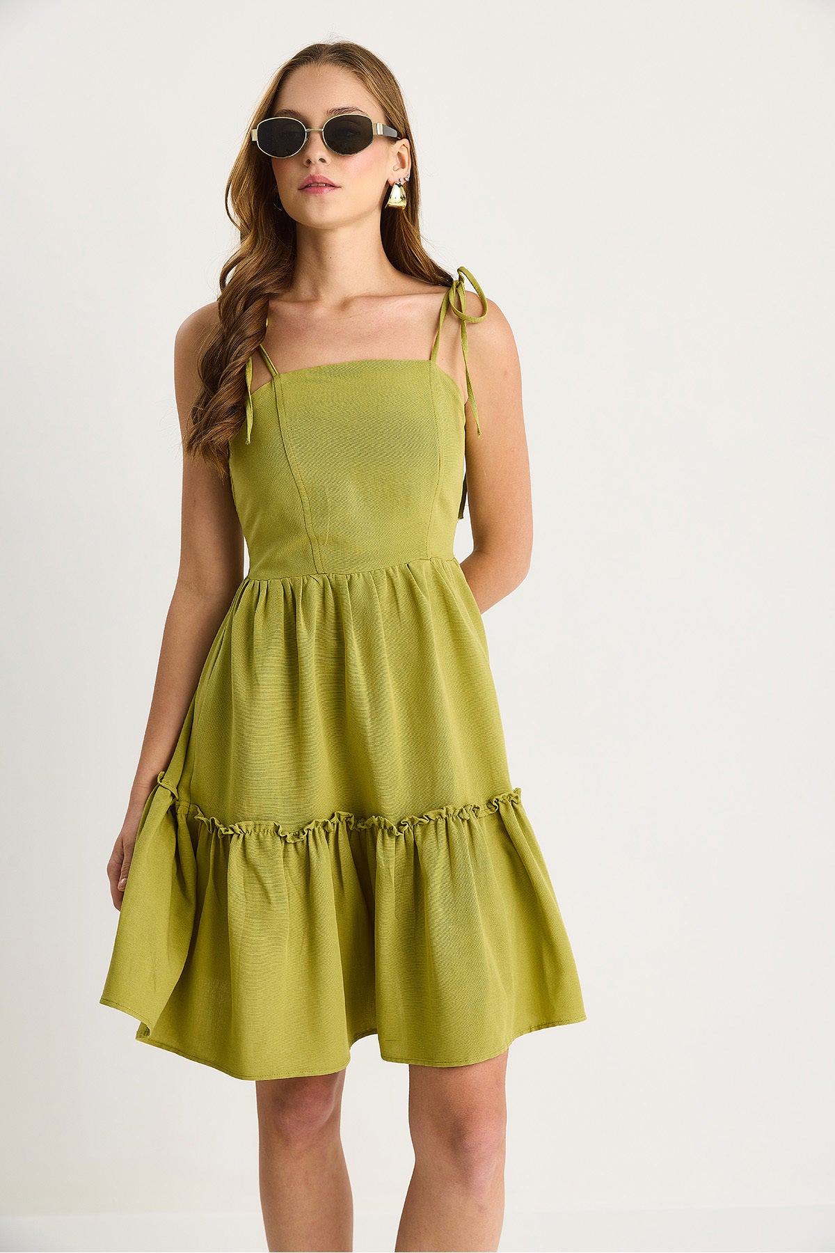 Women's Back Gipe Detailed Layered Thin Strap Cotton Linen Dress 5263 60281108