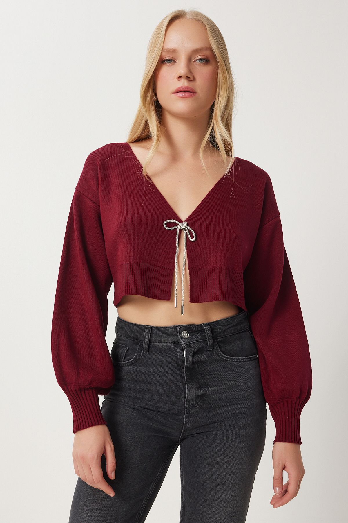 Female Bordeaux Stone Bow Title Crop Knitwear Cardigan Ki00110