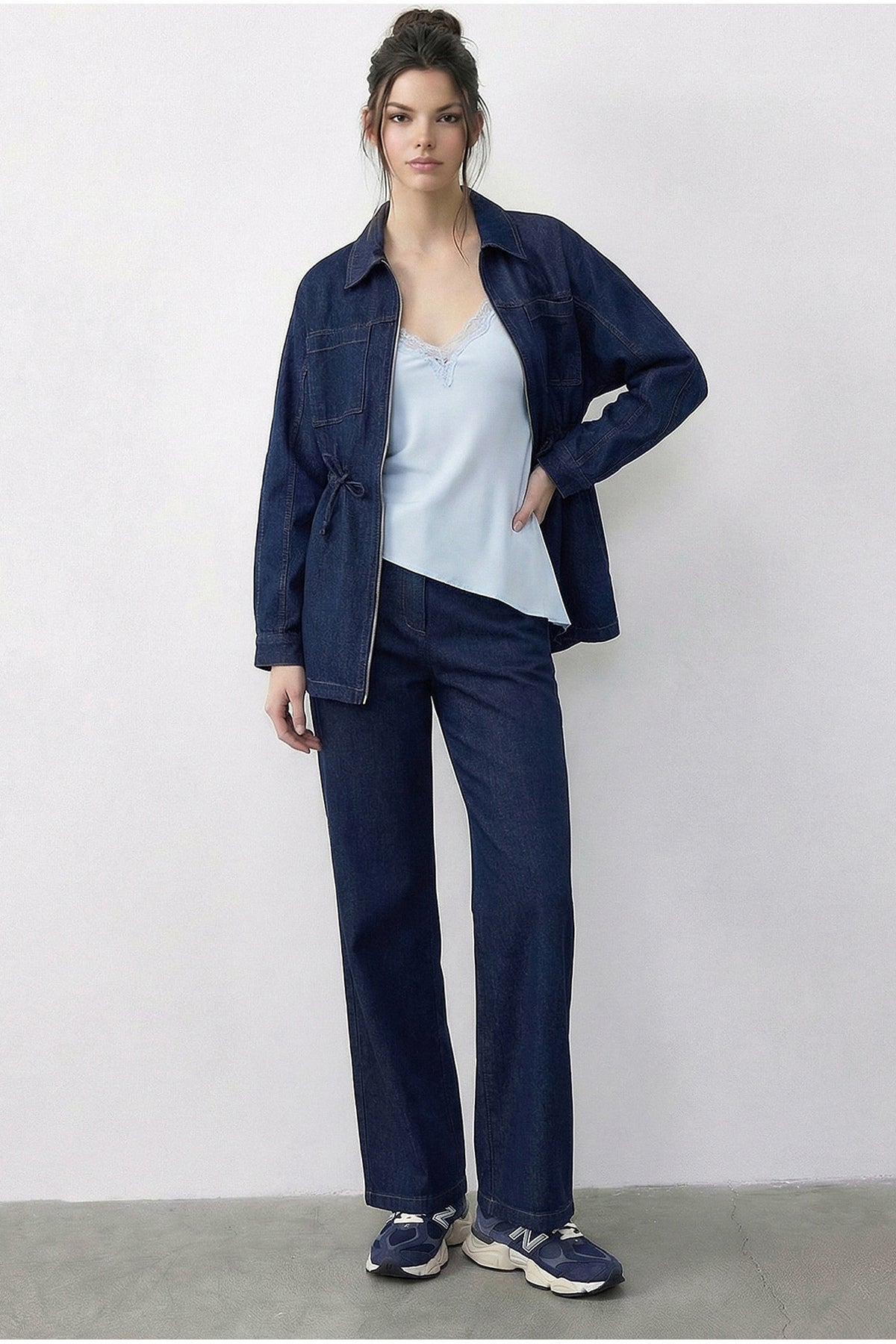 Women's Zippered Waist Tie Pocket Detailed Denim Bottom-Top Set 60597 60286011