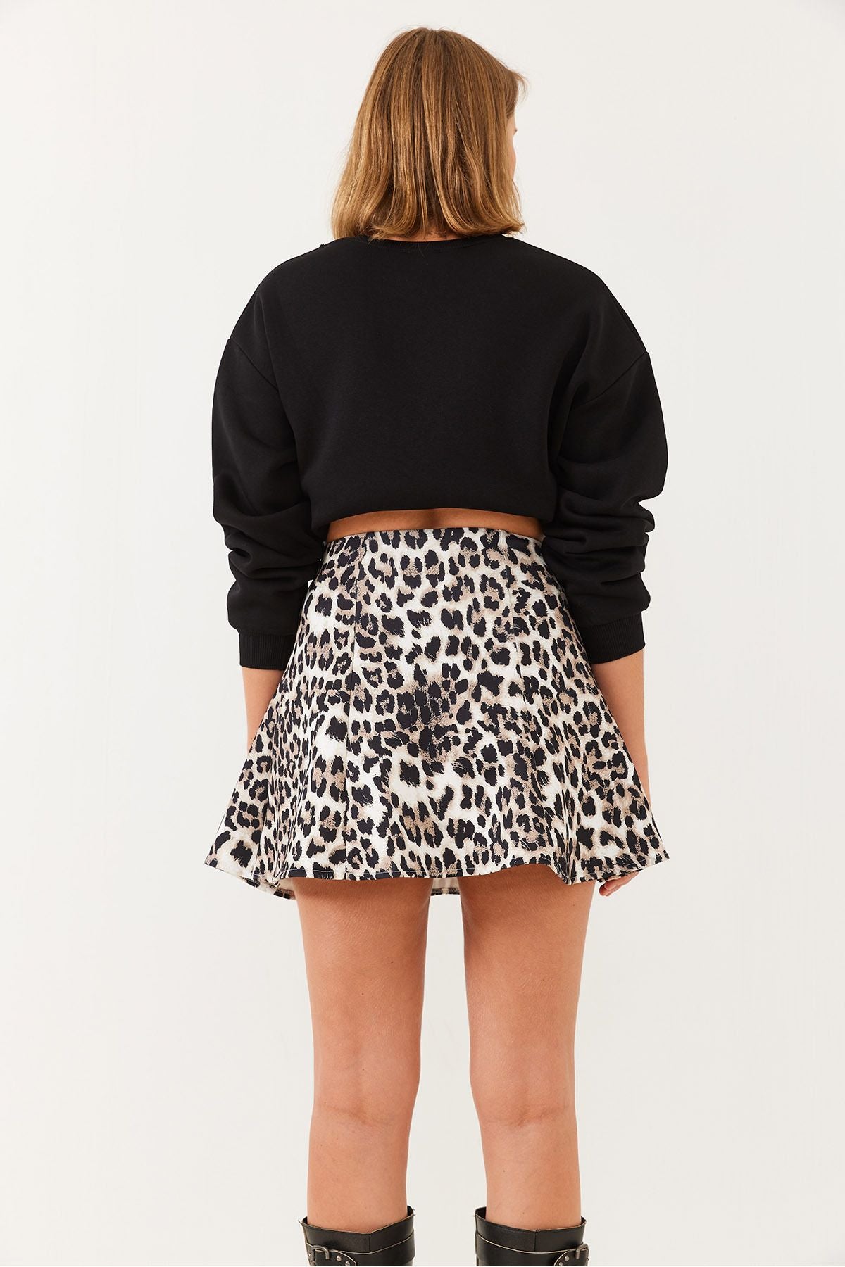 Women's bow detailed leopard patterned mini scuba skirt 60251820