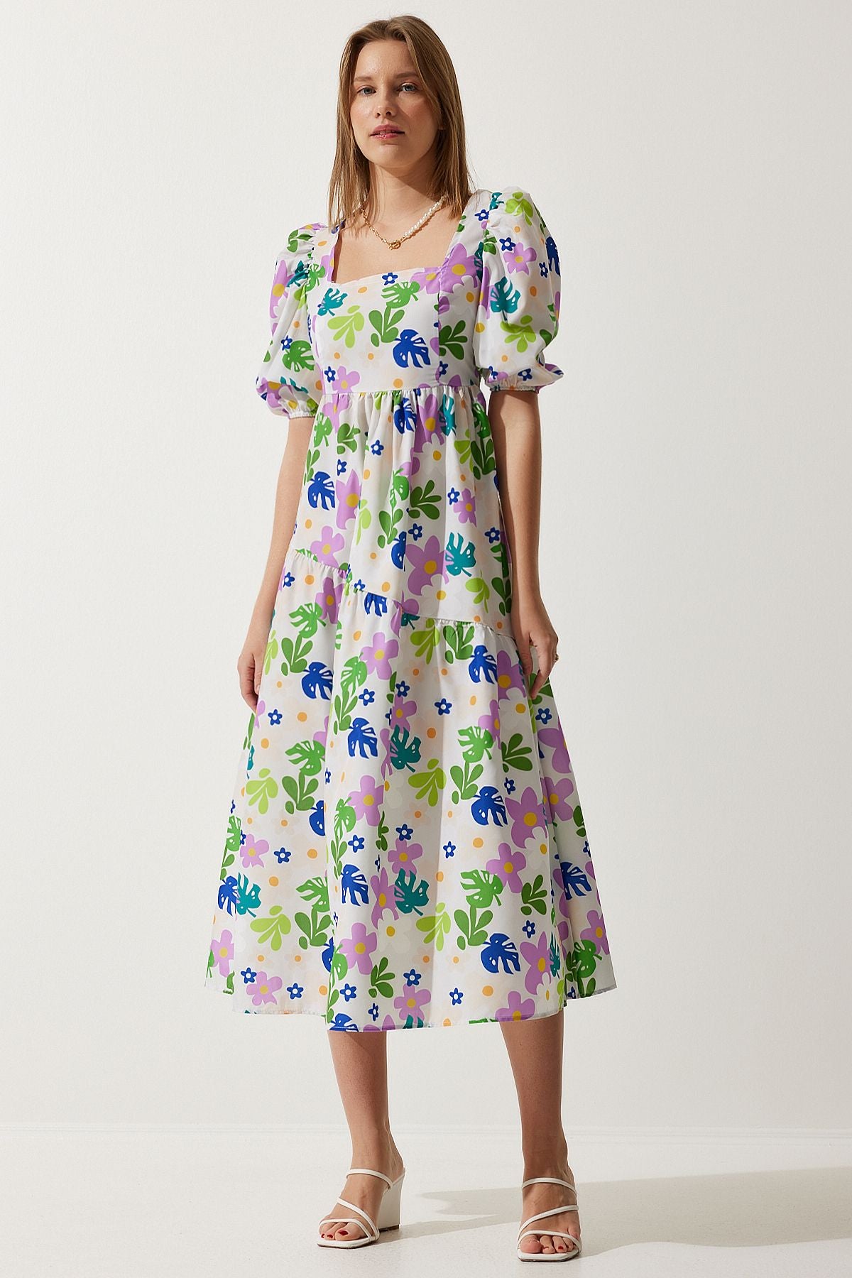 Women's Cream Green Patterned Square Collar Poplin Dress FN03178