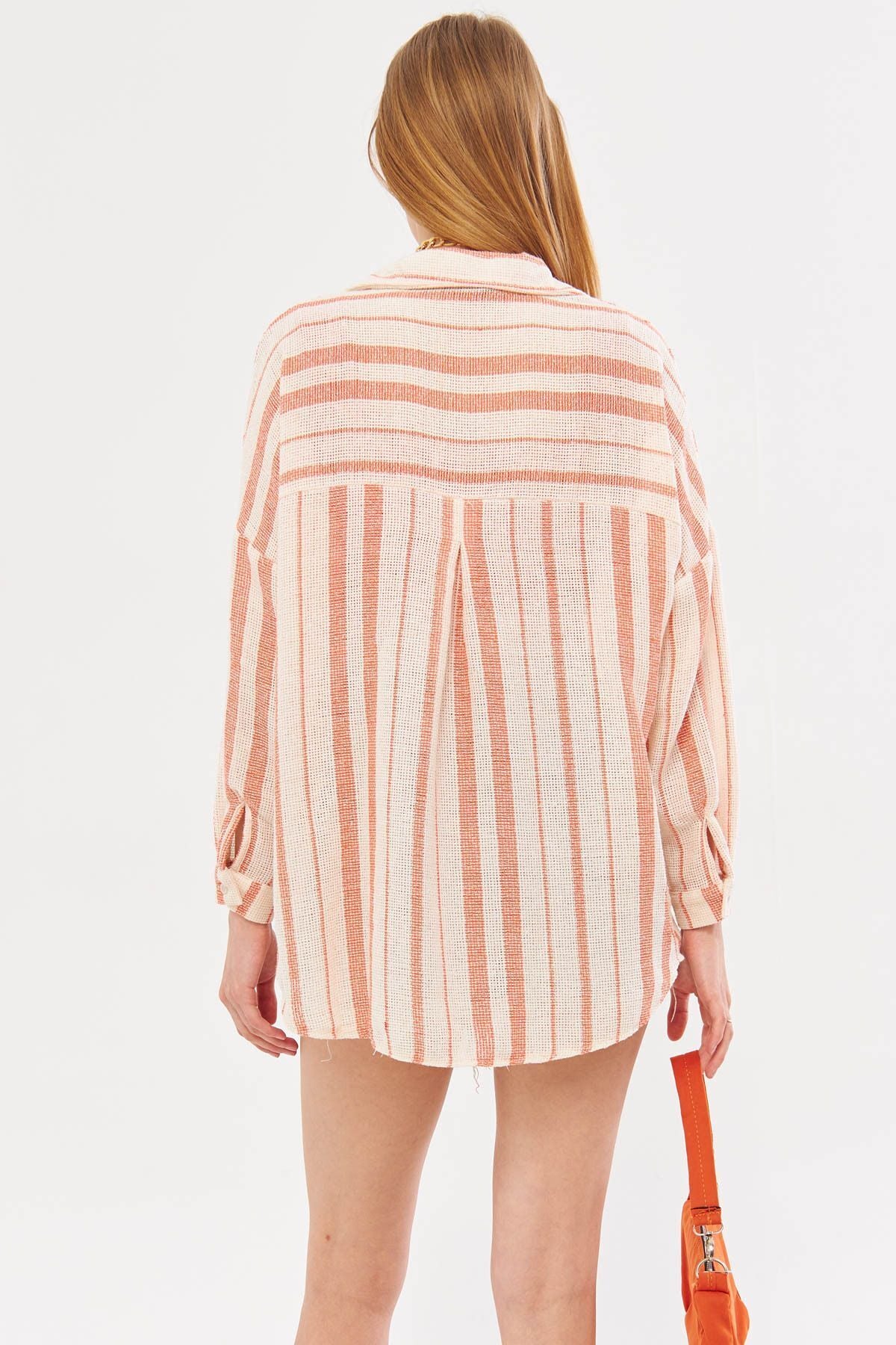 Women's Orange Long Sleeve Pocket Detailed Ristle Pleated Striped Oversizer Shirt ARM-24Y001053