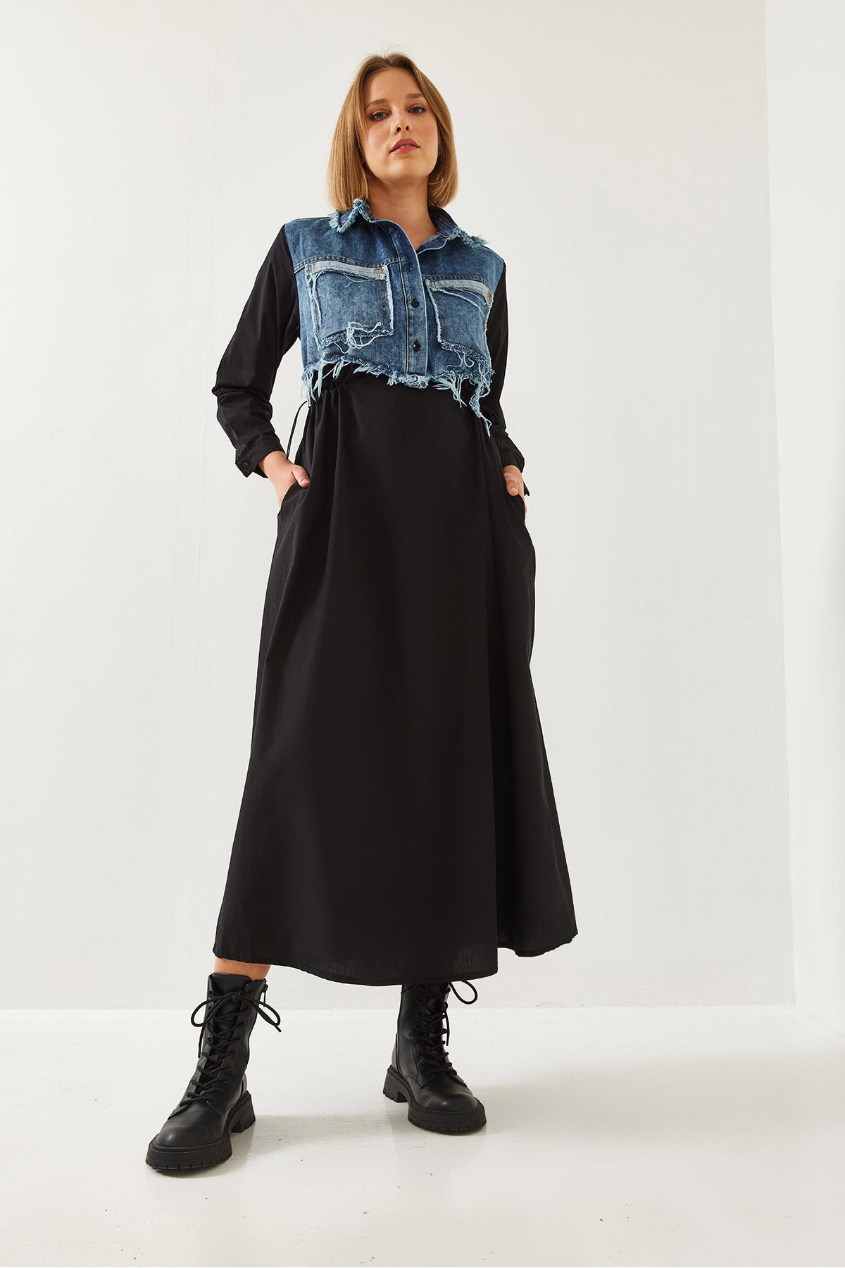 Women's Denim Garnished Long Flared Dress 60351248