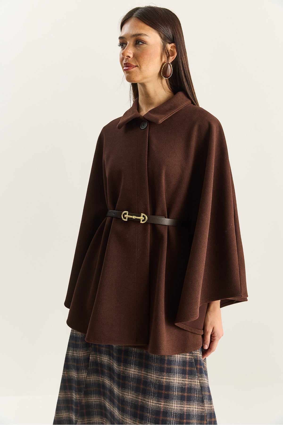 Women's Collared Single Button Detailed Belted Stash Poncho 9170 60283812