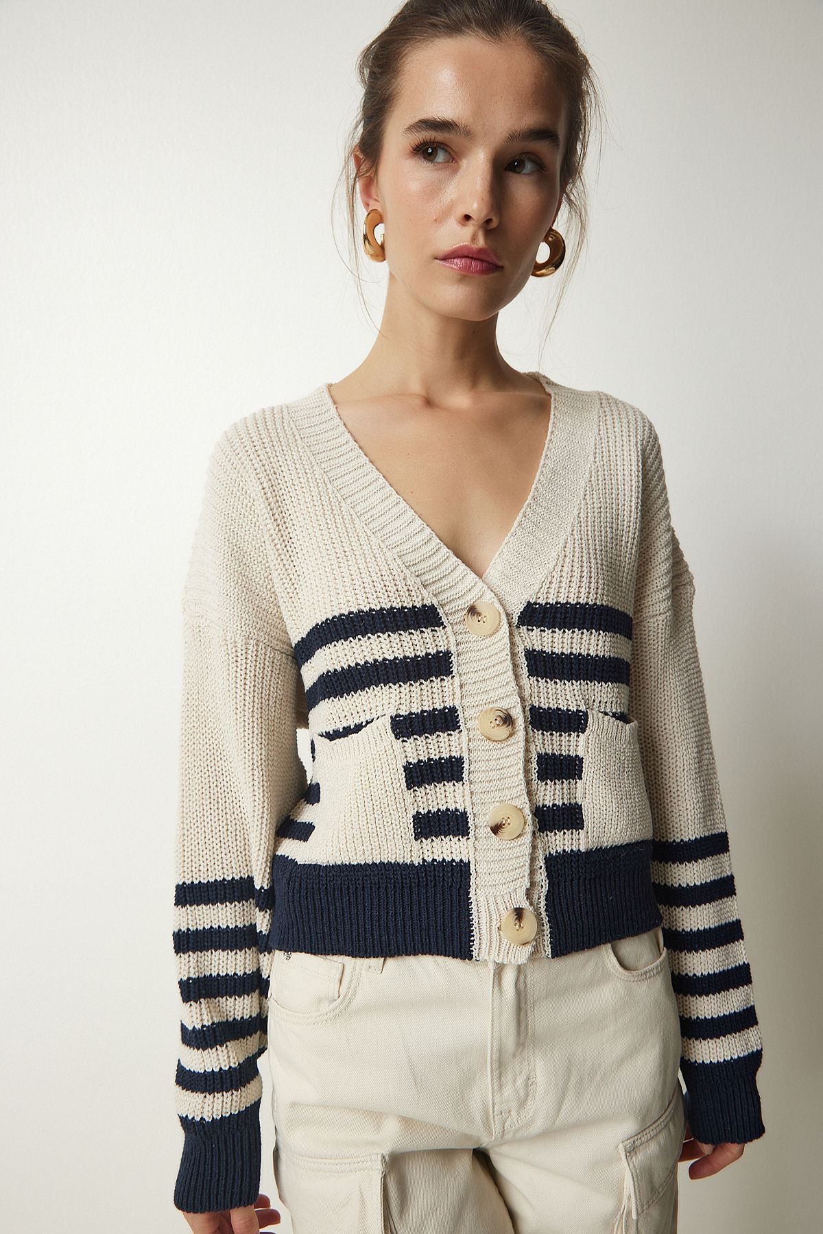 Woman Beige Navy blue striped knitwear cardigan MC00237