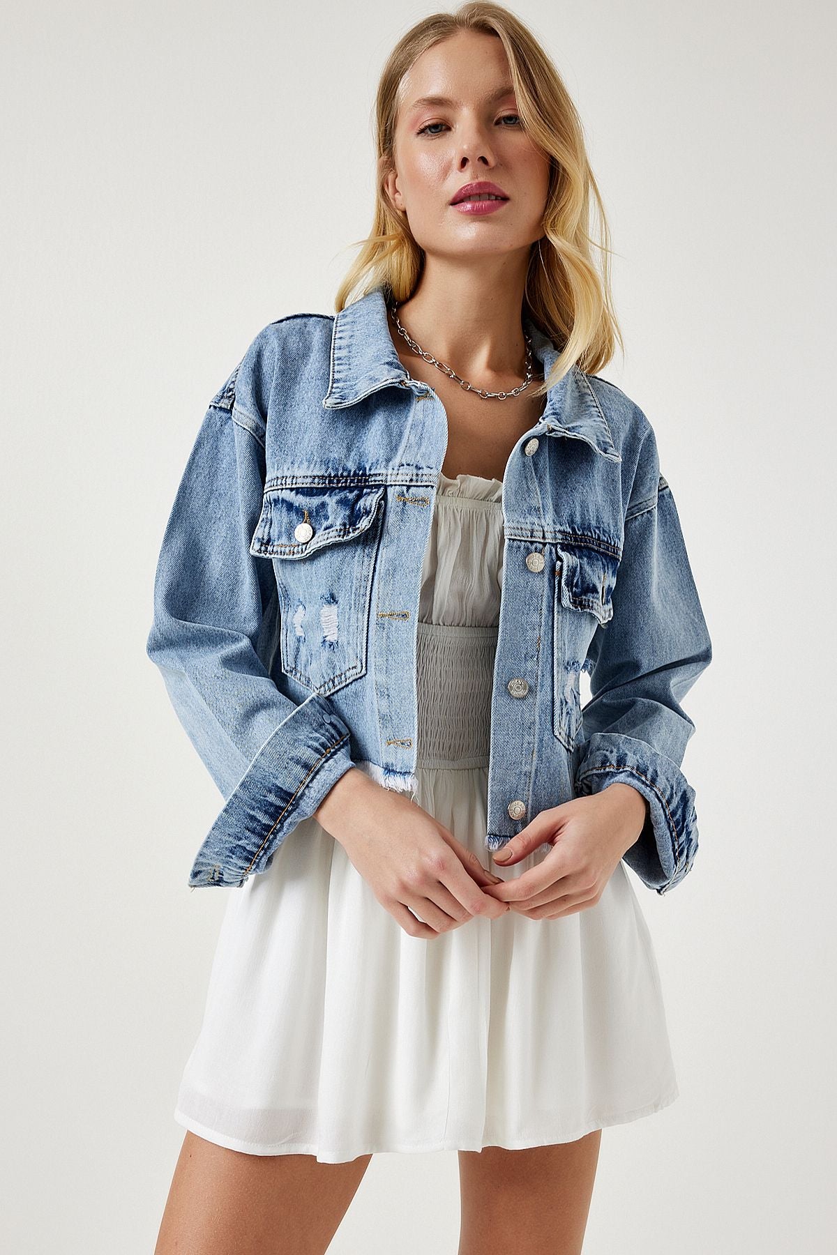 Woman Light Blue Tassel Detailed Denim Crop Jacket RV00159